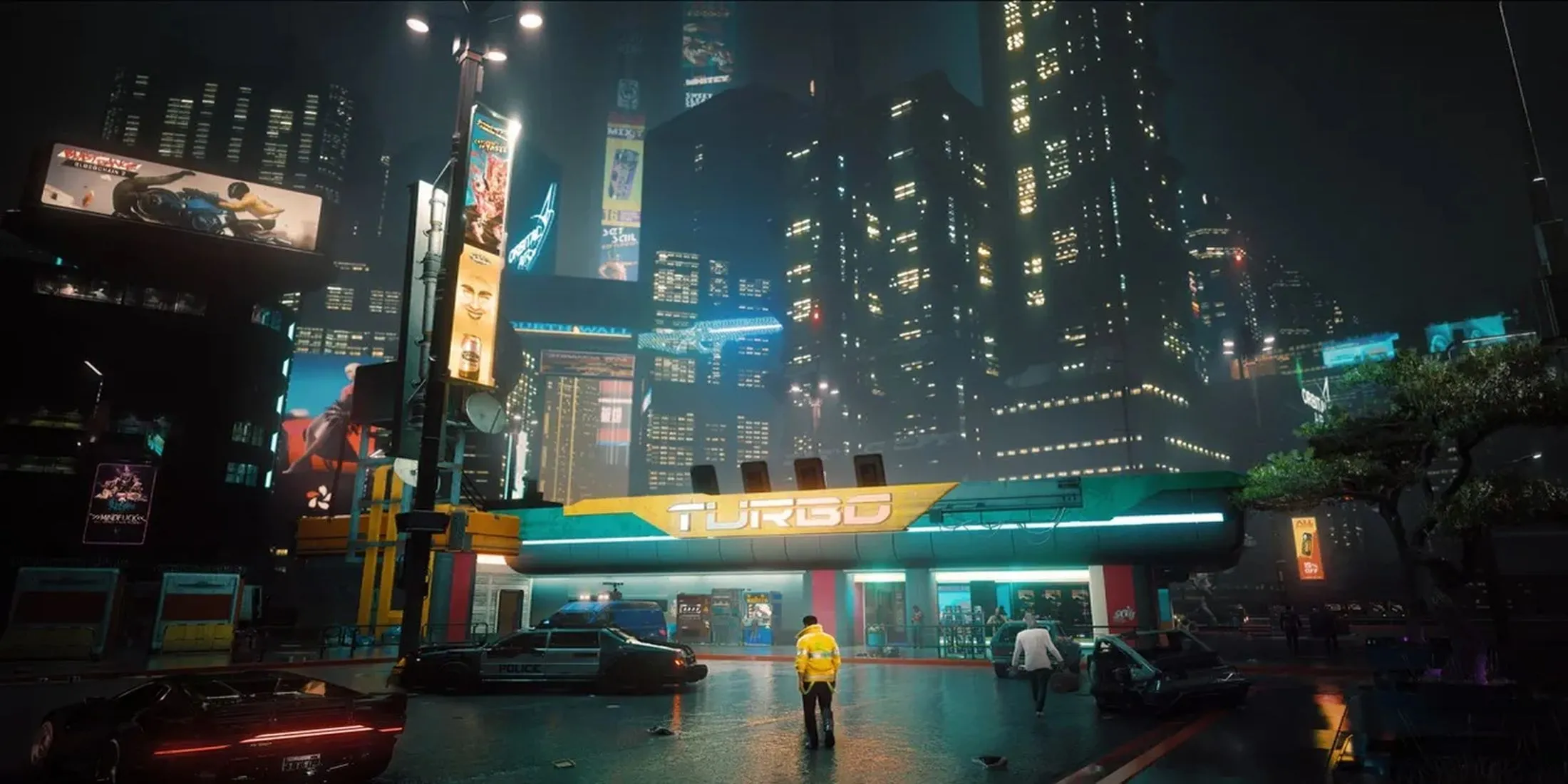 Night City về đêm trong Cyberpunk 2077, rực rỡ ánh đèn neon và thể hiện không khí đô thị tương lai
