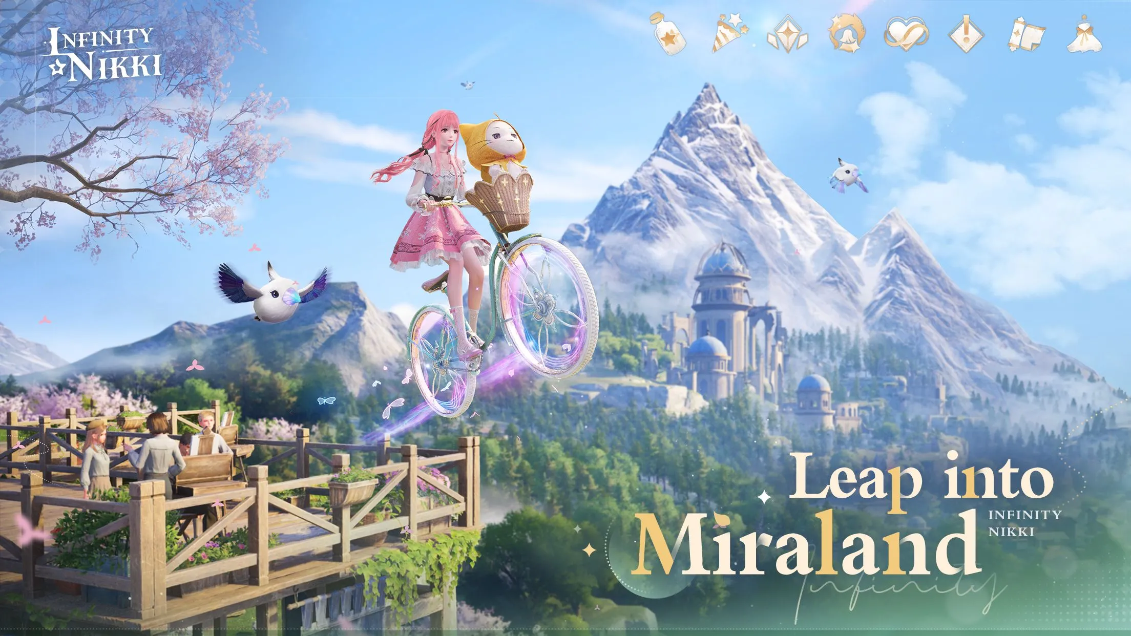 Nikki đứng trên bậc thềm cổ kính, khoác lên mình bộ trang phục trắng xanh thanh thoát của Infinity Nikki