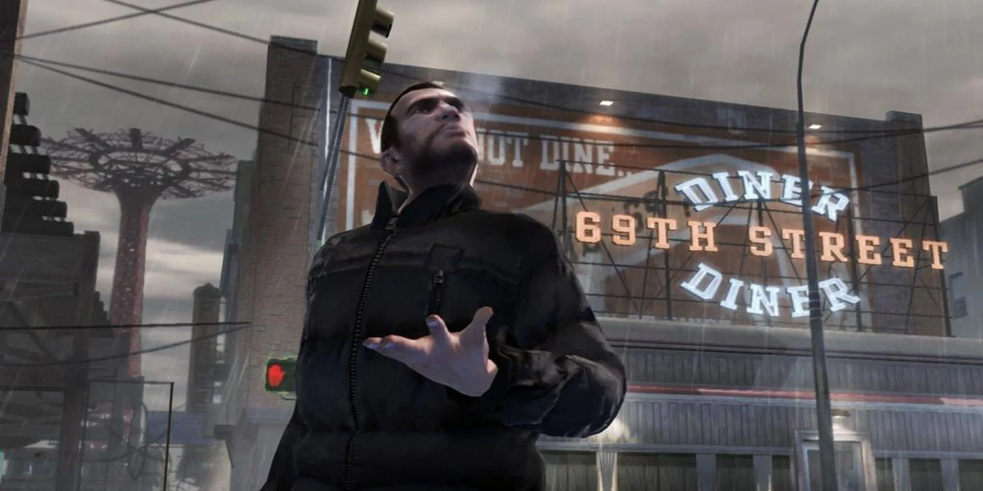 Niko Bellic đang hút thuốc lá tại Liberty City, bối cảnh quen thuộc của GTA 4.