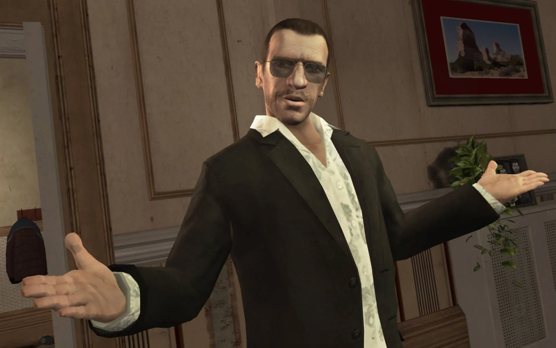 Niko Bellic với vẻ mặt đăm chiêu trong Grand Theft Auto 4.