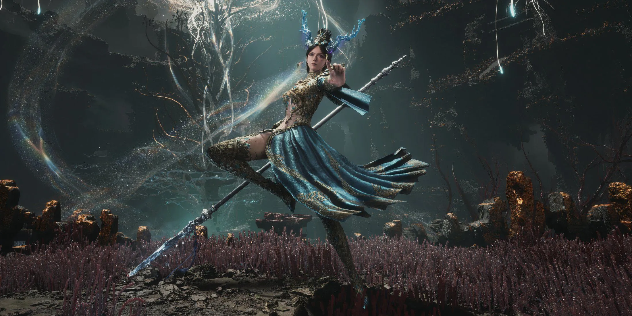 Nữ nhân vật Wuchang chiến đấu với quái vật khổng lồ trong Fallen Feathers