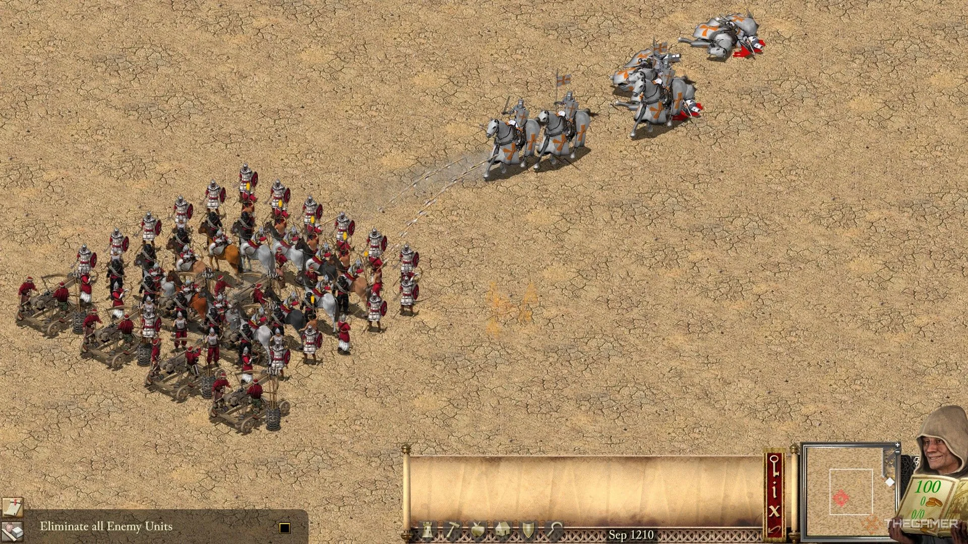 Pháo Bắn Lửa Ả Rập ngăn chặn đợt xung phong của Hiệp Sĩ Thập Tự Chinh trong Stronghold Crusader Definitive Edition