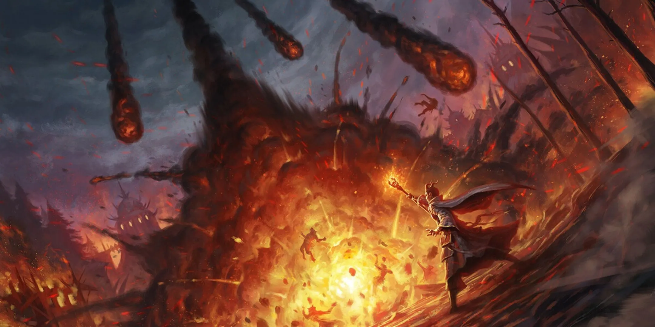 Pháp sư Tiefling thi triển Meteor Swarm, ma thuật hủy diệt trong Dungeons &amp; Dragons.