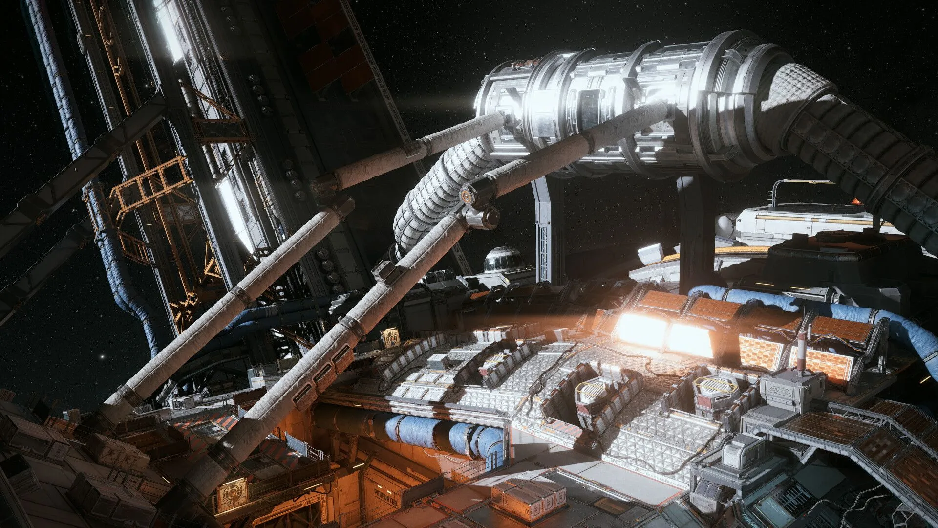 Phi hành gia trong The Expanse Osiris Reborn di chuyển trên bề mặt một trạm không gian, thể hiện môi trường Zero-G và vật lý chân thực của game