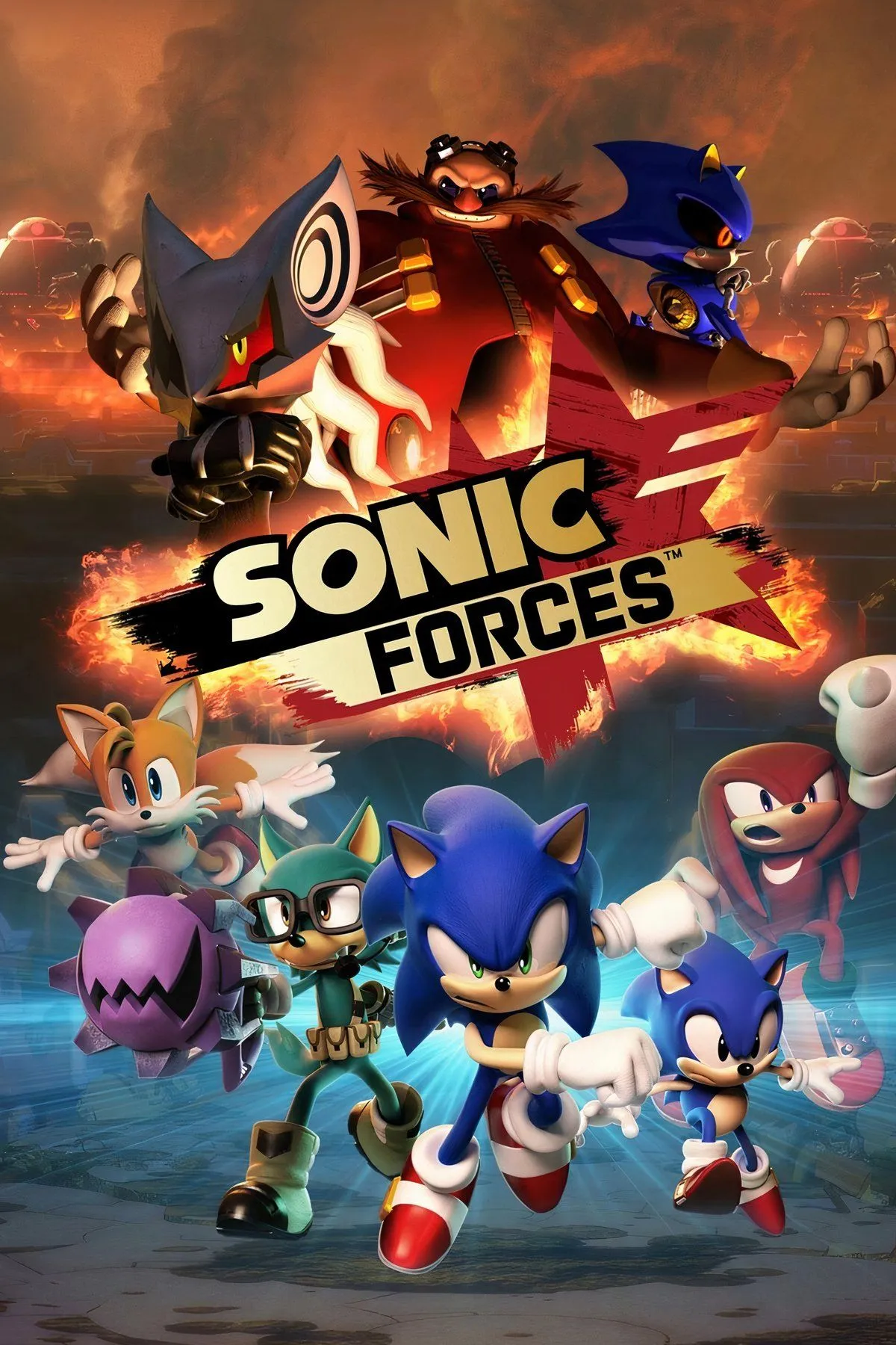 Poster game Sonic Forces với các nhân vật chính đang chuẩn bị chiến đấu chống lại cái ác