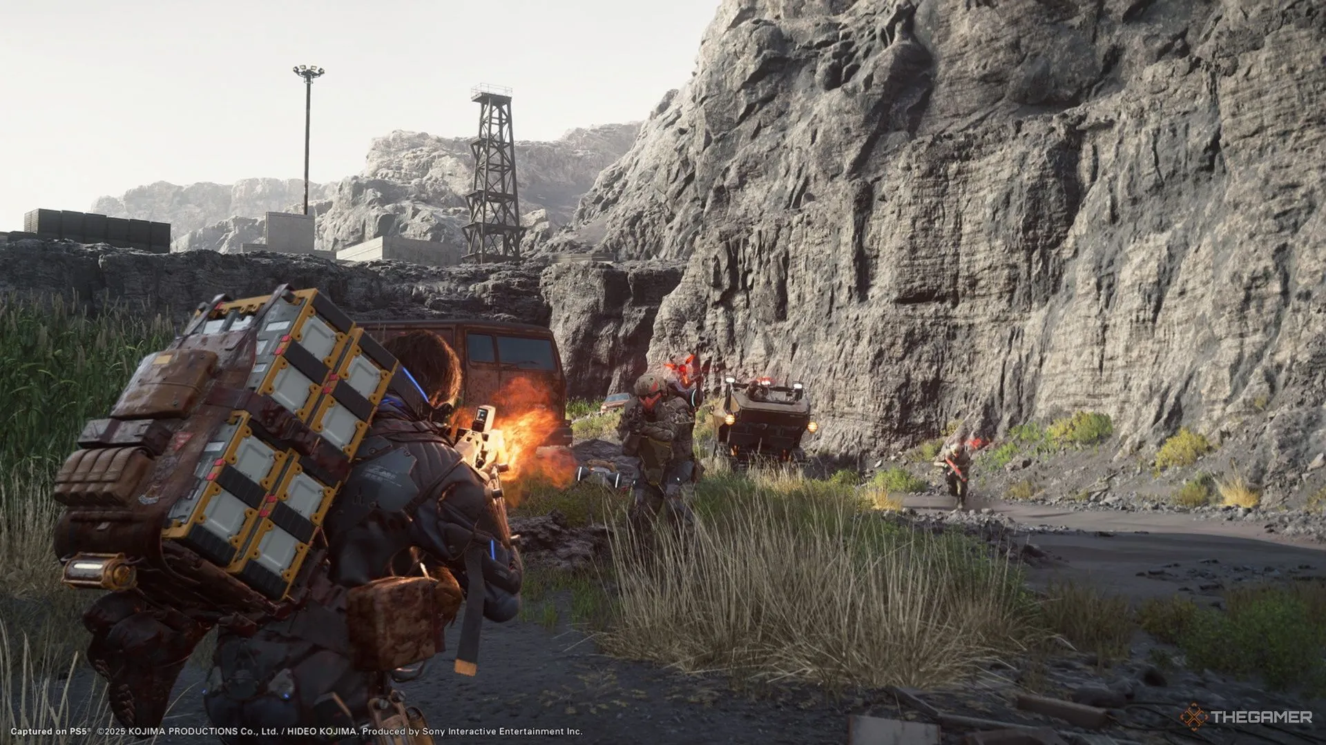 Sam đối đầu với kẻ thù trong một trận đấu súng căng thẳng trong Death Stranding 2.