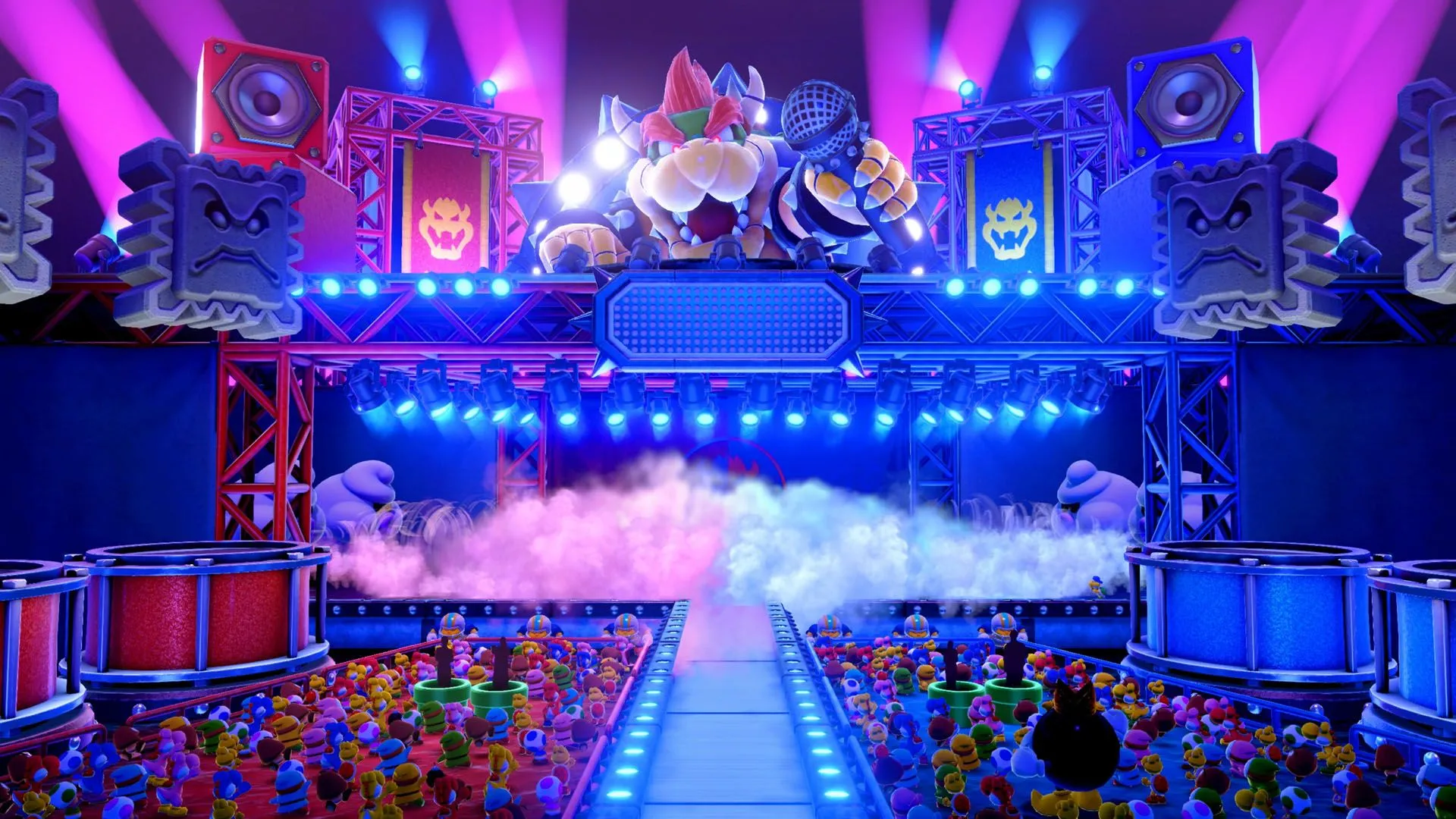 Sân khấu Bowser Live rực lửa trong Super Mario Party Jamboree trên Nintendo Switch 2.