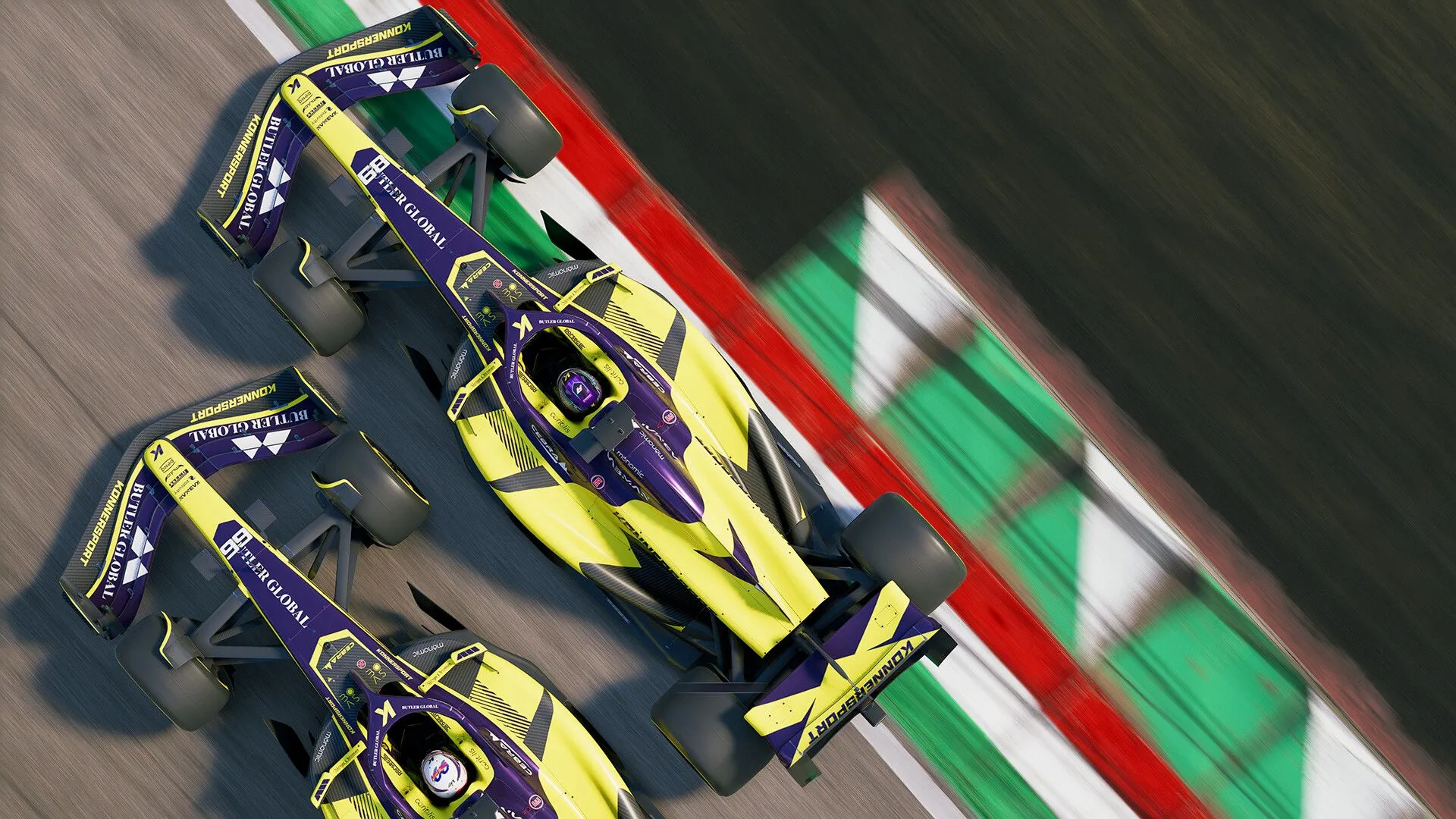 Screenshot gameplay F1 25 cảnh các xe đua đang so kè trên đường, hiệu ứng thời tiết ẩm ướt