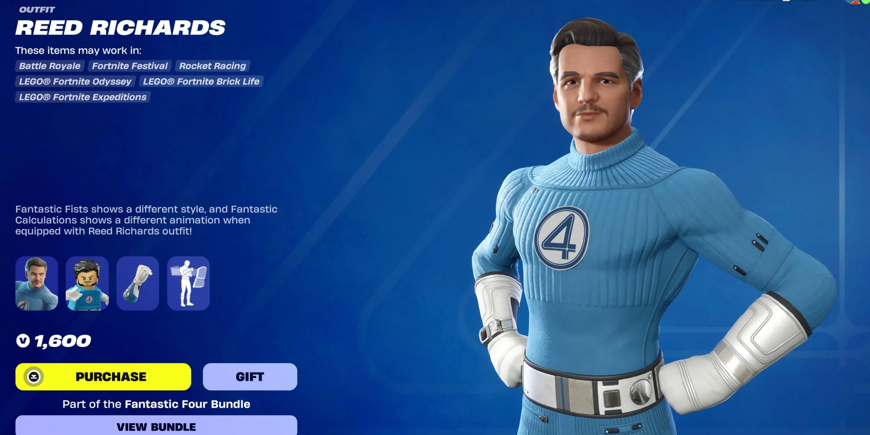 Skin Mr. Fantastic Reed Richards trong Fortnite với trang phục xanh đặc trưng