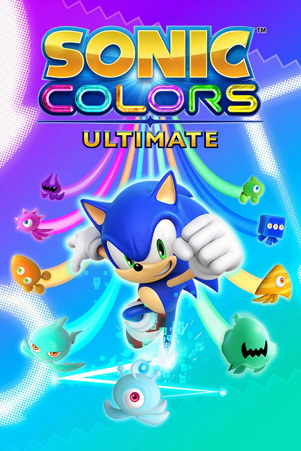 Sonic Colors Ultimate với Sonic đang lướt đi cùng năng lượng của Wisps, tạo ra một vệt sáng đầy màu sắc