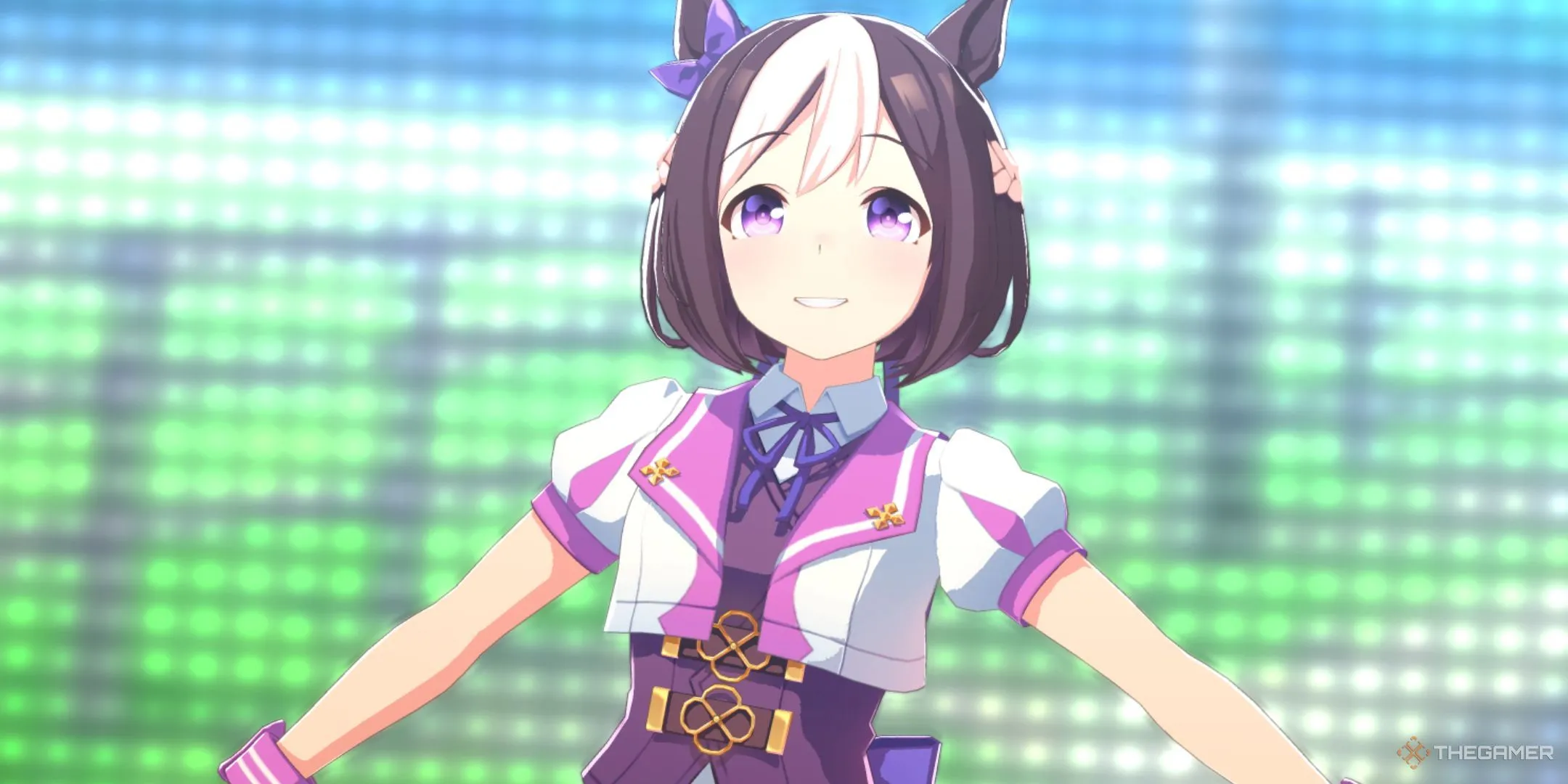 Special Week trong Umamusume Pretty Derby đang chạy trên đường đua.