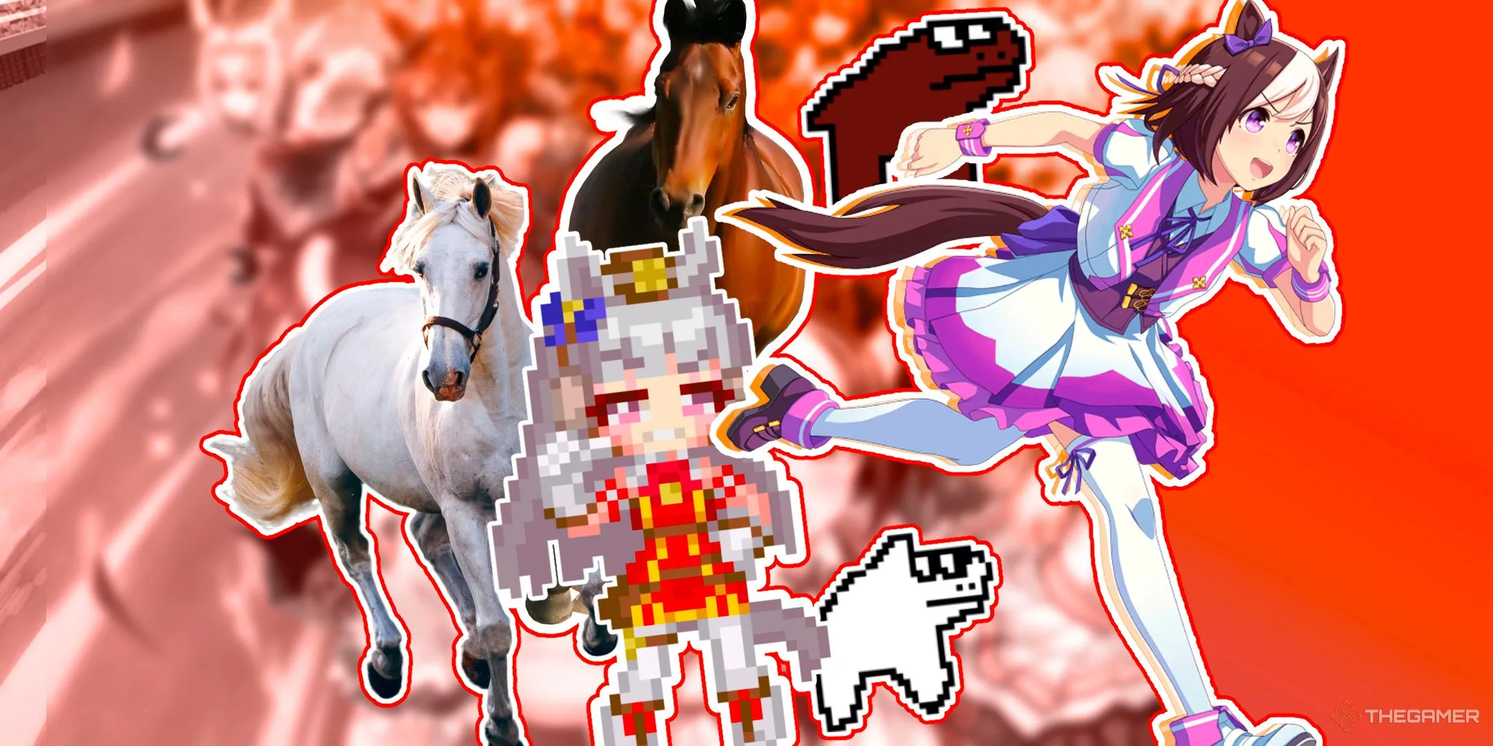 Special Week Uma Musume đang dẫn đầu cuộc đua ngựa, cùng các nhân vật khác như Gold Ship