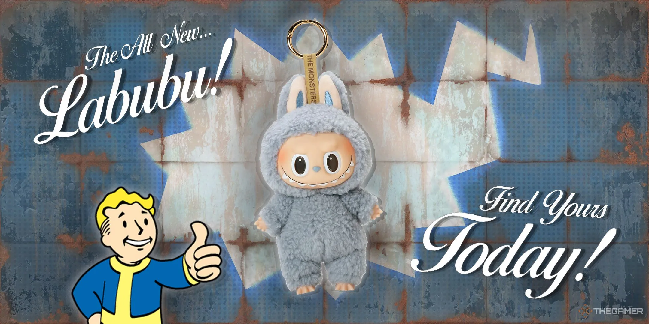 Tấm biển quảng cáo Labubu trong thế giới hậu tận thế của Fallout với phông nền hoang tàn