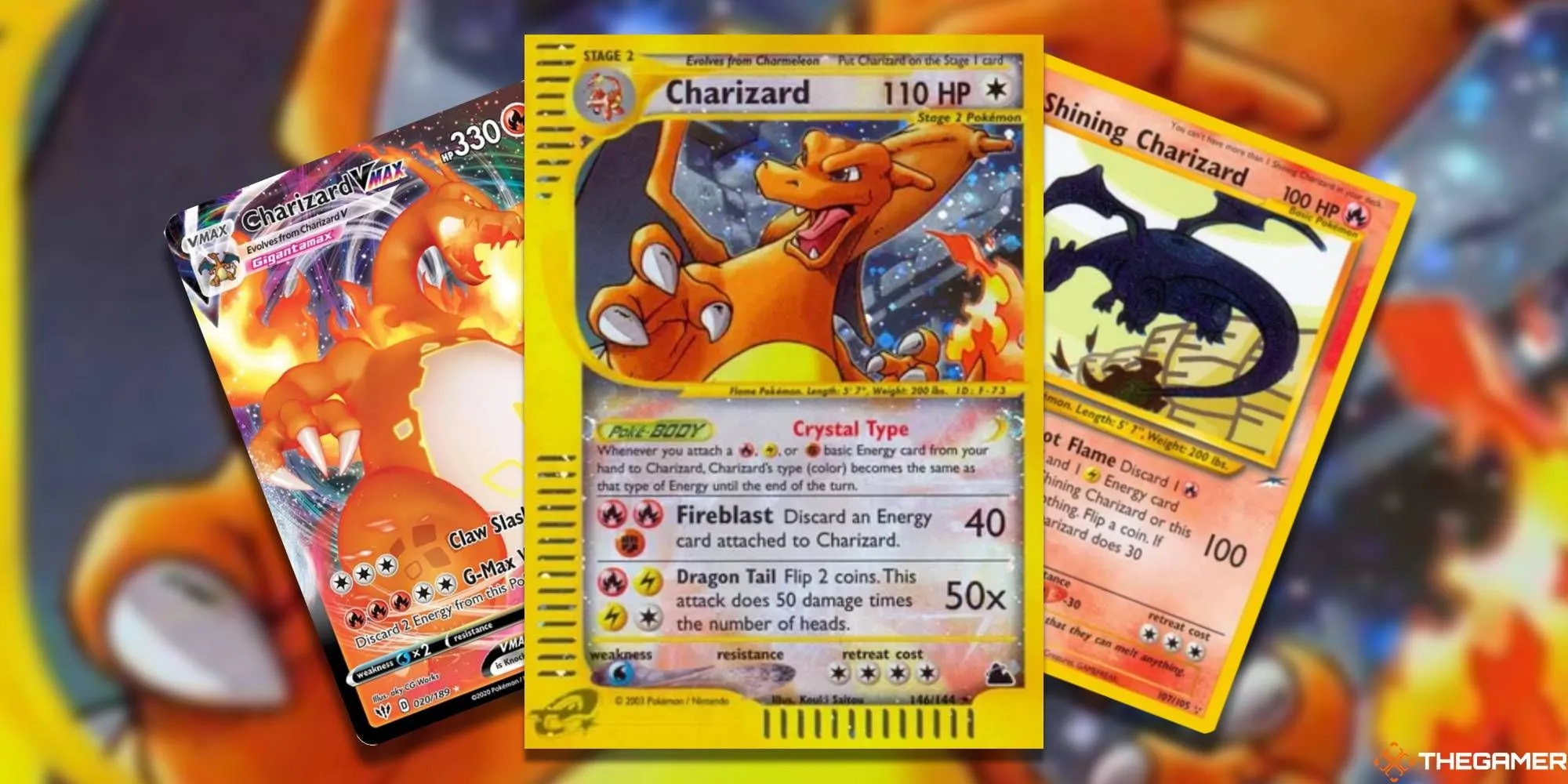 Tạp chí Nintendo Power bên cạnh thẻ bài Pokemon Charizard giá trị sưu tầm