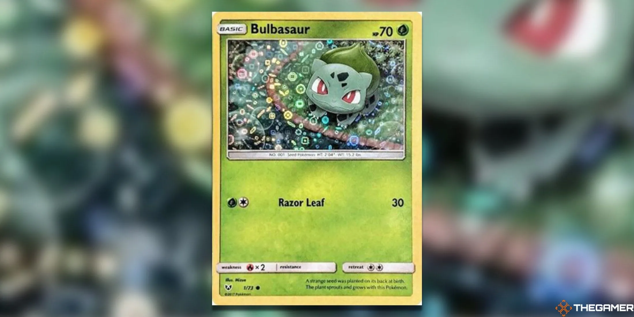 Thẻ bài Bulbasaur 1/73 General Mills với hiệu ứng holographic đặc trưng và nhiều chi tiết lấp lánh