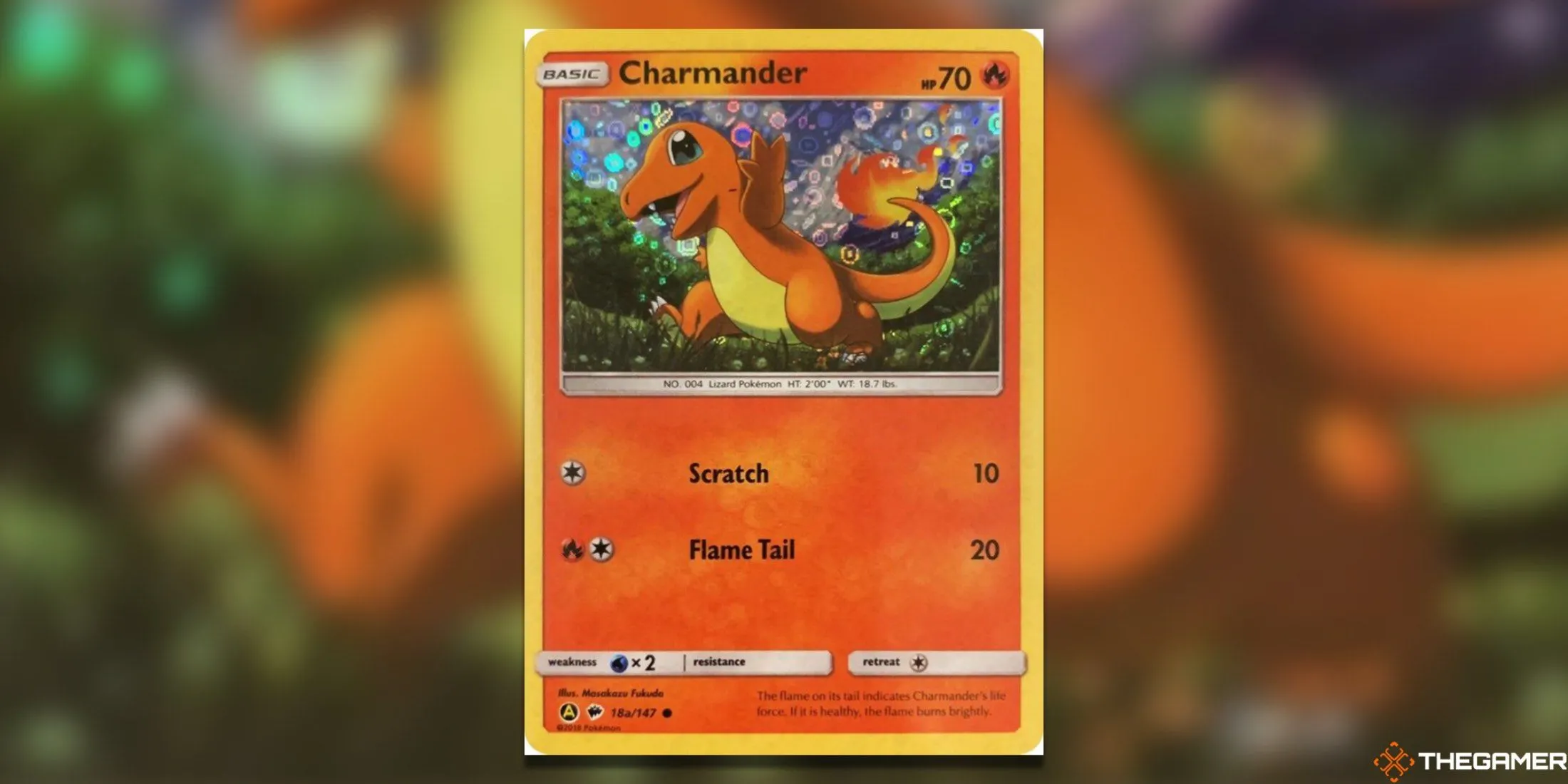 Thẻ bài Charmander 18a/147 General Mills với biểu cảm vui vẻ, đang dạo chơi trên đồng cỏ xanh
