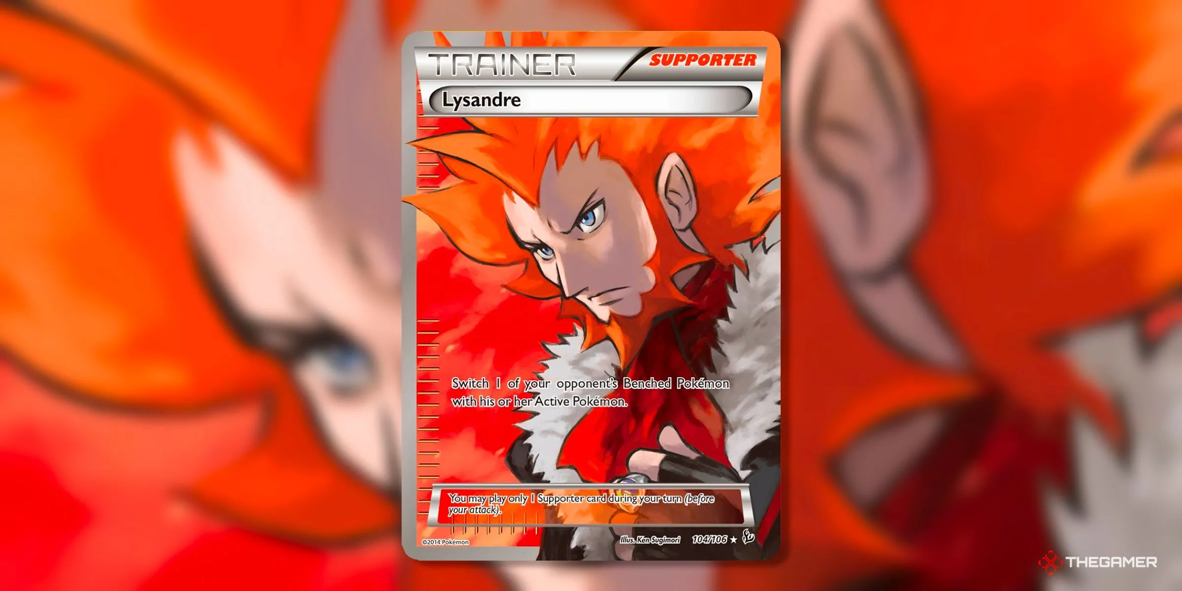 Thẻ bài Lysandre Ultra Rare (104) trong set Flashfire kỷ nguyên XY của Pokemon TCG.