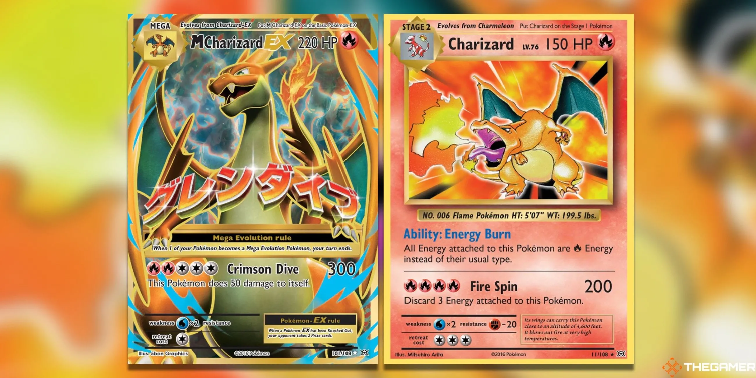 Thẻ bài M Charizard EX Full Art và Charizard Holo Rare từ set XY Evolutions của Pokemon TCG.