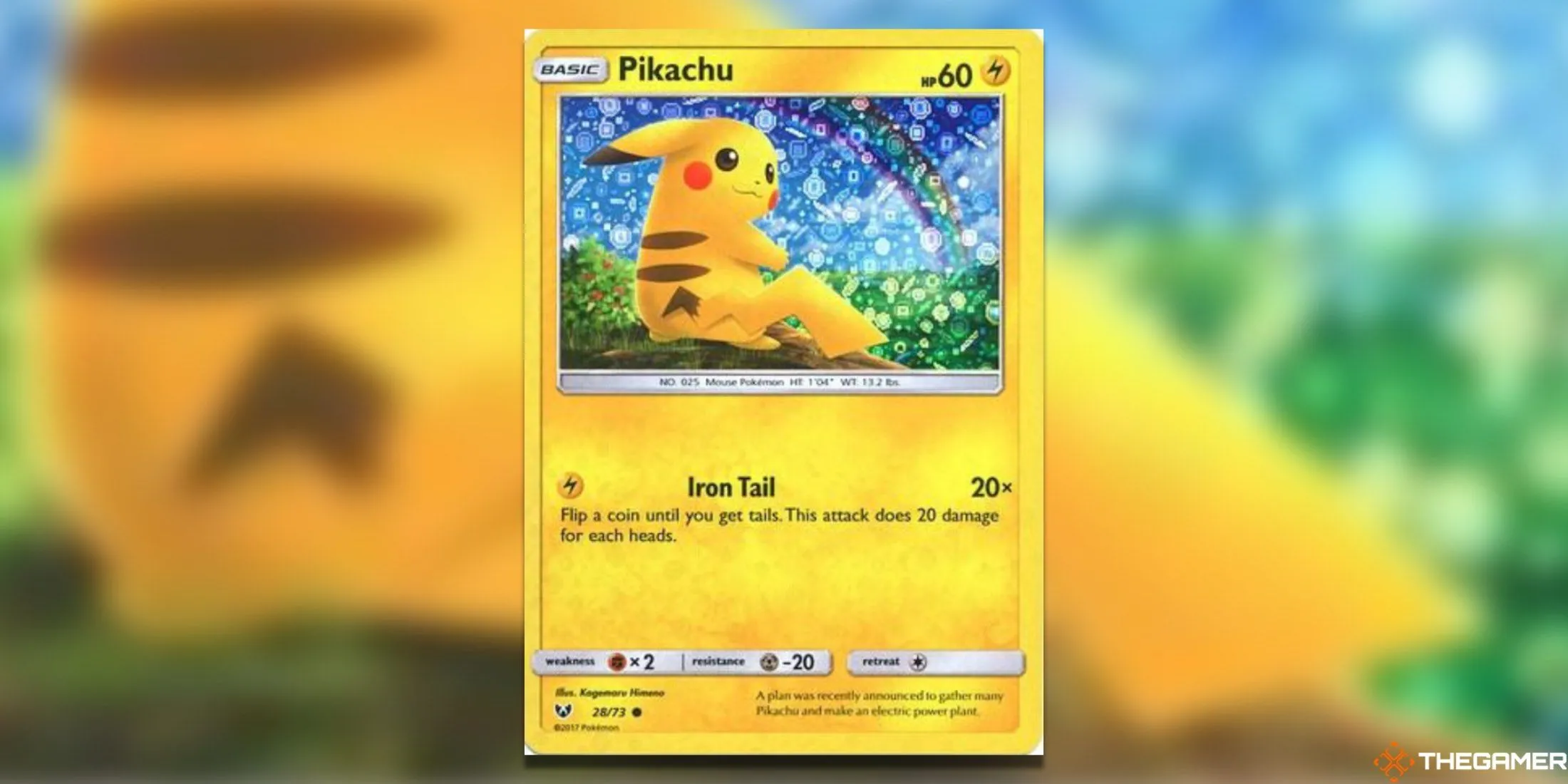 Thẻ bài Pikachu 28/73 General Mills với phông nền cầu vồng lấp lánh và hiệu ứng holo
