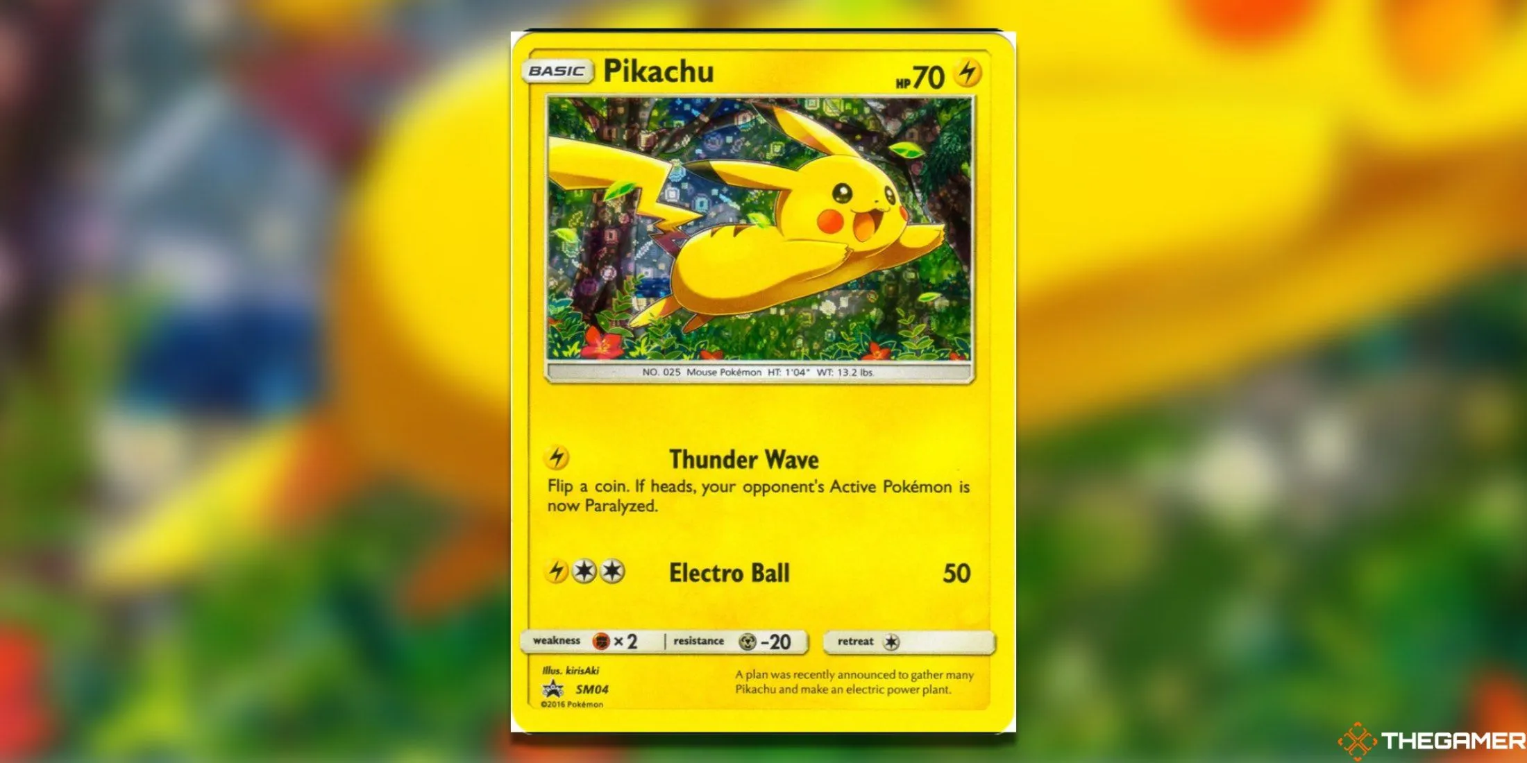 Thẻ bài Pikachu SM04 General Mills từ Pokemon TCG, thể hiện biểu cảm vui tươi