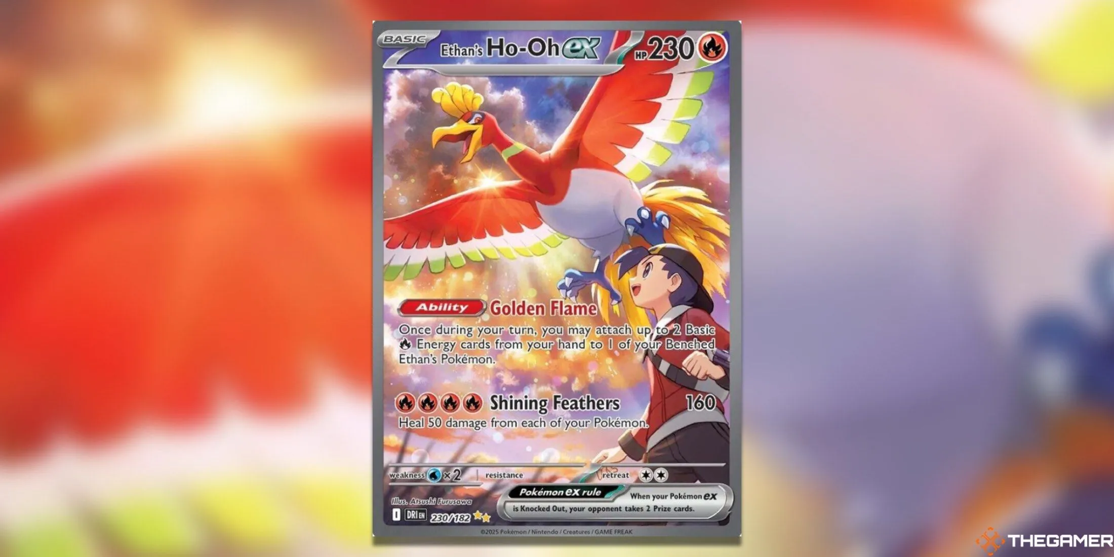 Thẻ bài Pokemon TCG Ethan’s Ho-Oh ex Special Illustration Rare từ Destined Rivals, Ethan nhìn Ho-Oh bay lượn trên bầu trời rực nắng
