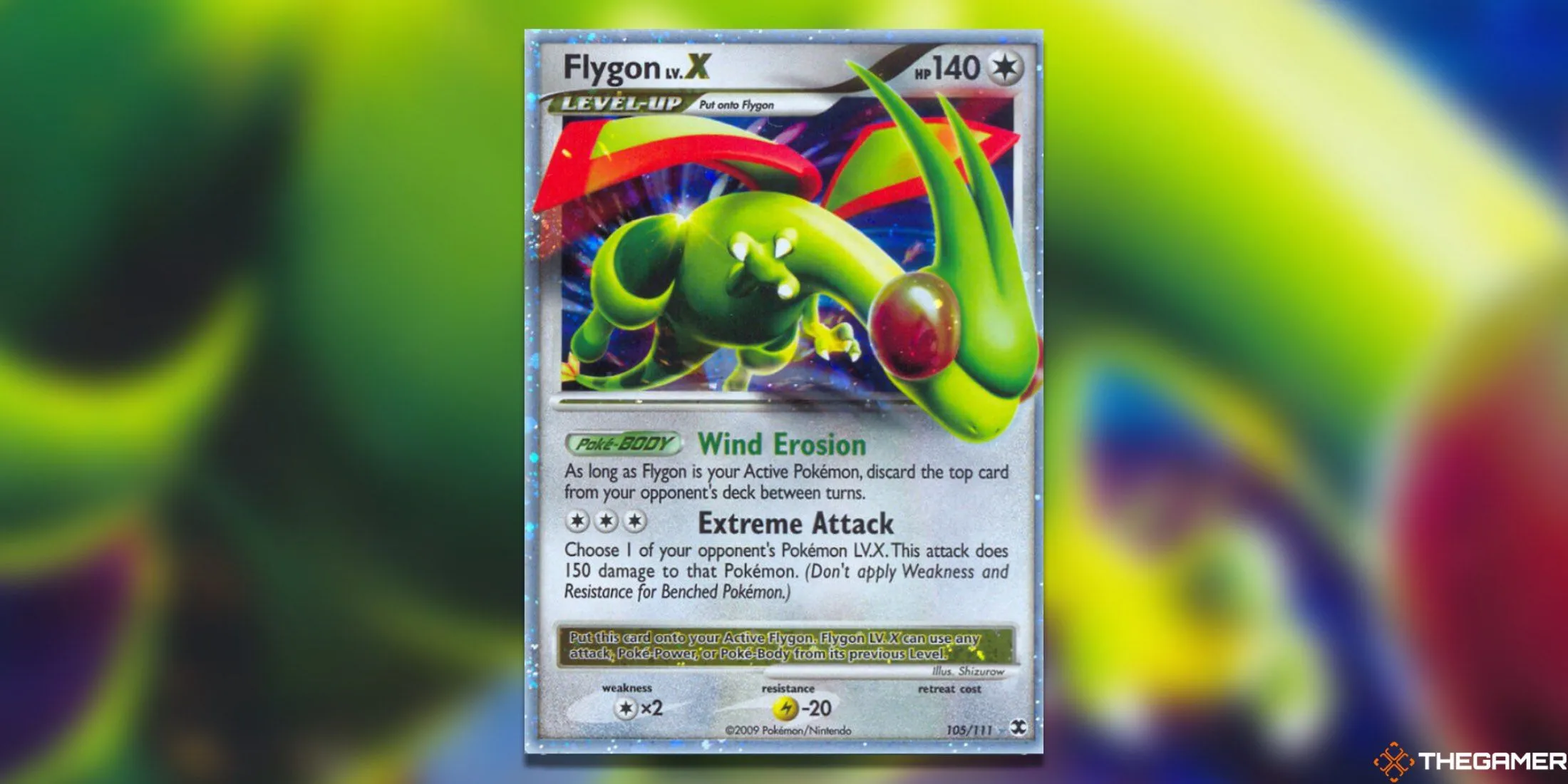 Thẻ bài Pokemon TCG Flygon LV. X từ bộ Rising Rivals với thiết kế màu xanh lá đặc trưng của hệ Rồng Đất.