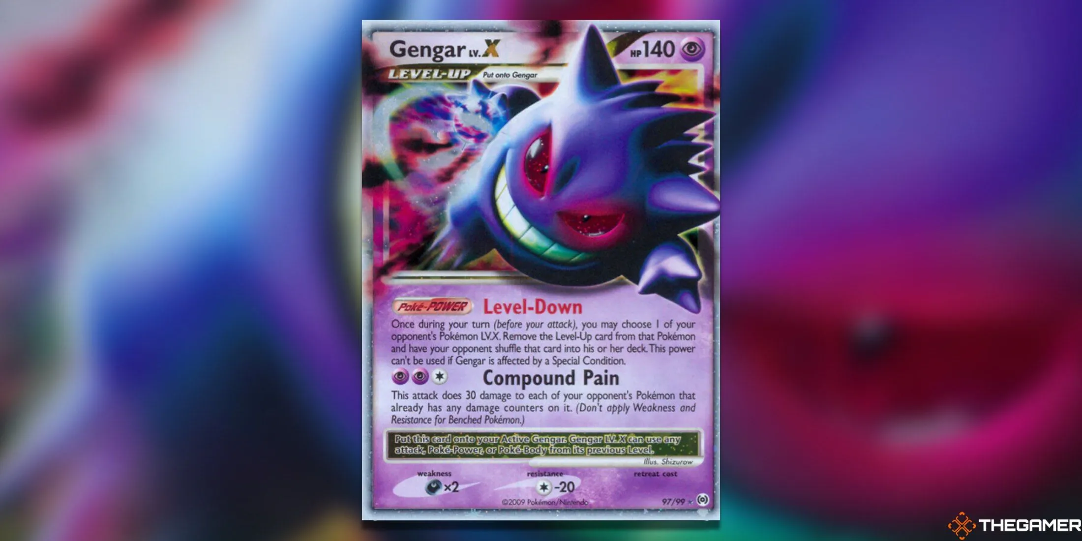Thẻ bài Pokemon TCG Gengar LV. X từ bộ Arceus, thể hiện Pokemon hệ Ma này đang ẩn mình trong bóng tối.