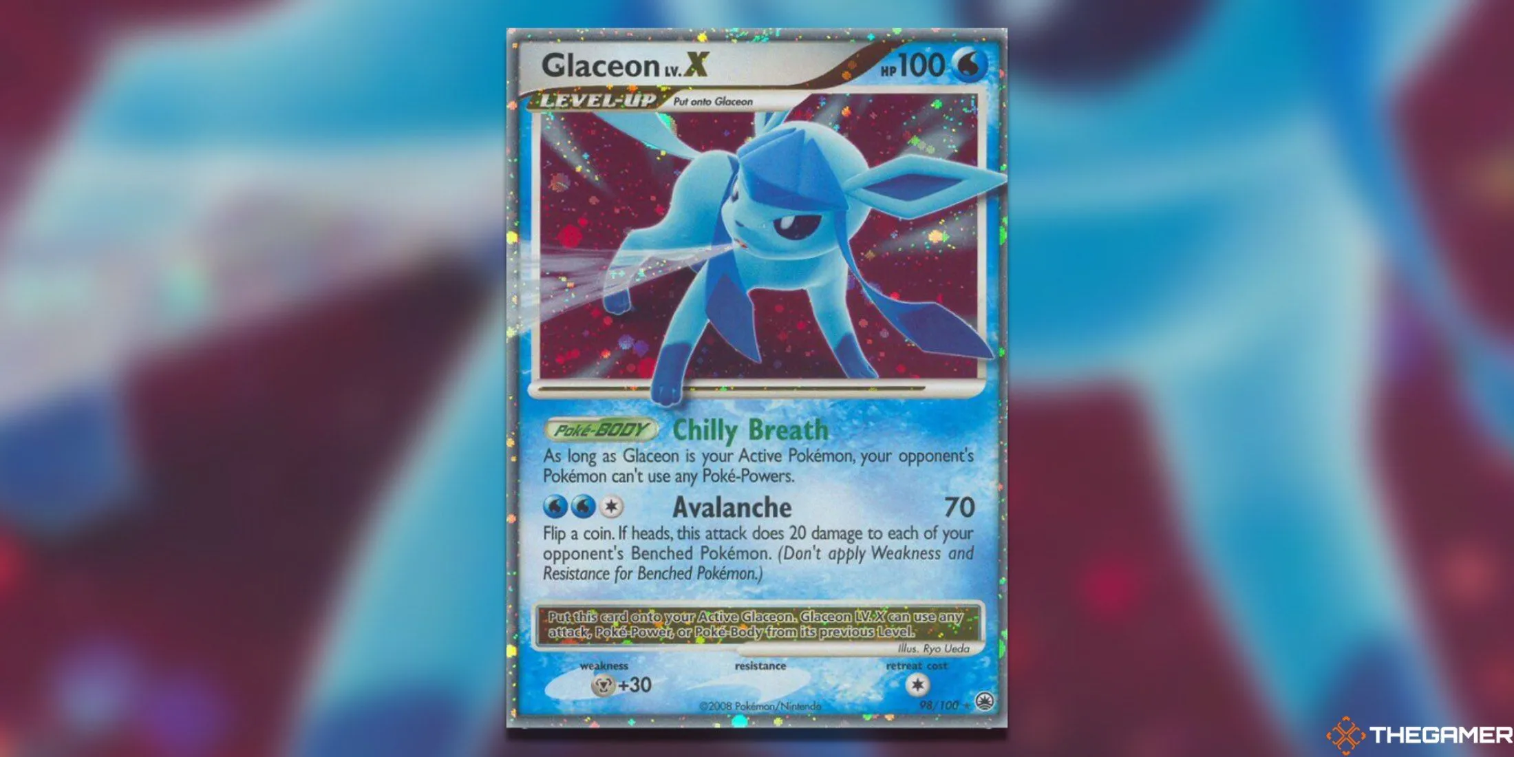Thẻ bài Pokemon TCG Glaceon LV. X từ bộ Majestic Dawn, với artwork đẹp mắt và tông màu xanh băng giá chủ đạo.