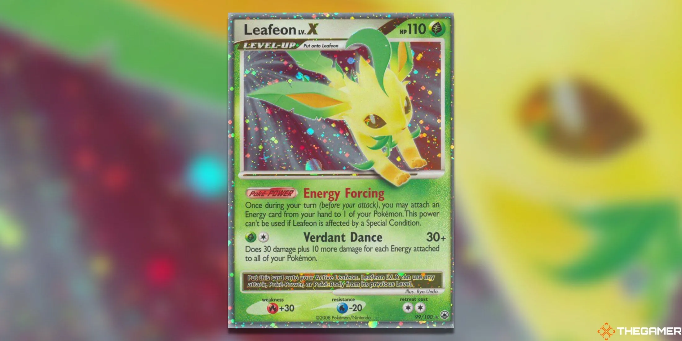 Thẻ bài Pokemon TCG Leafeon LV. X từ bộ Majestic Dawn, với tông màu xanh lá cây đặc trưng và hiệu ứng bóng đẹp mắt.