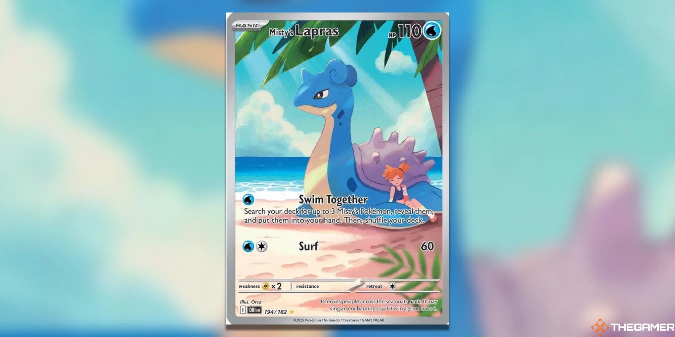 Thẻ bài Pokemon TCG Misty’s Lapras Illustration Rare trong set Destined Rivals, cảnh Misty và Lapras trên biển xanh