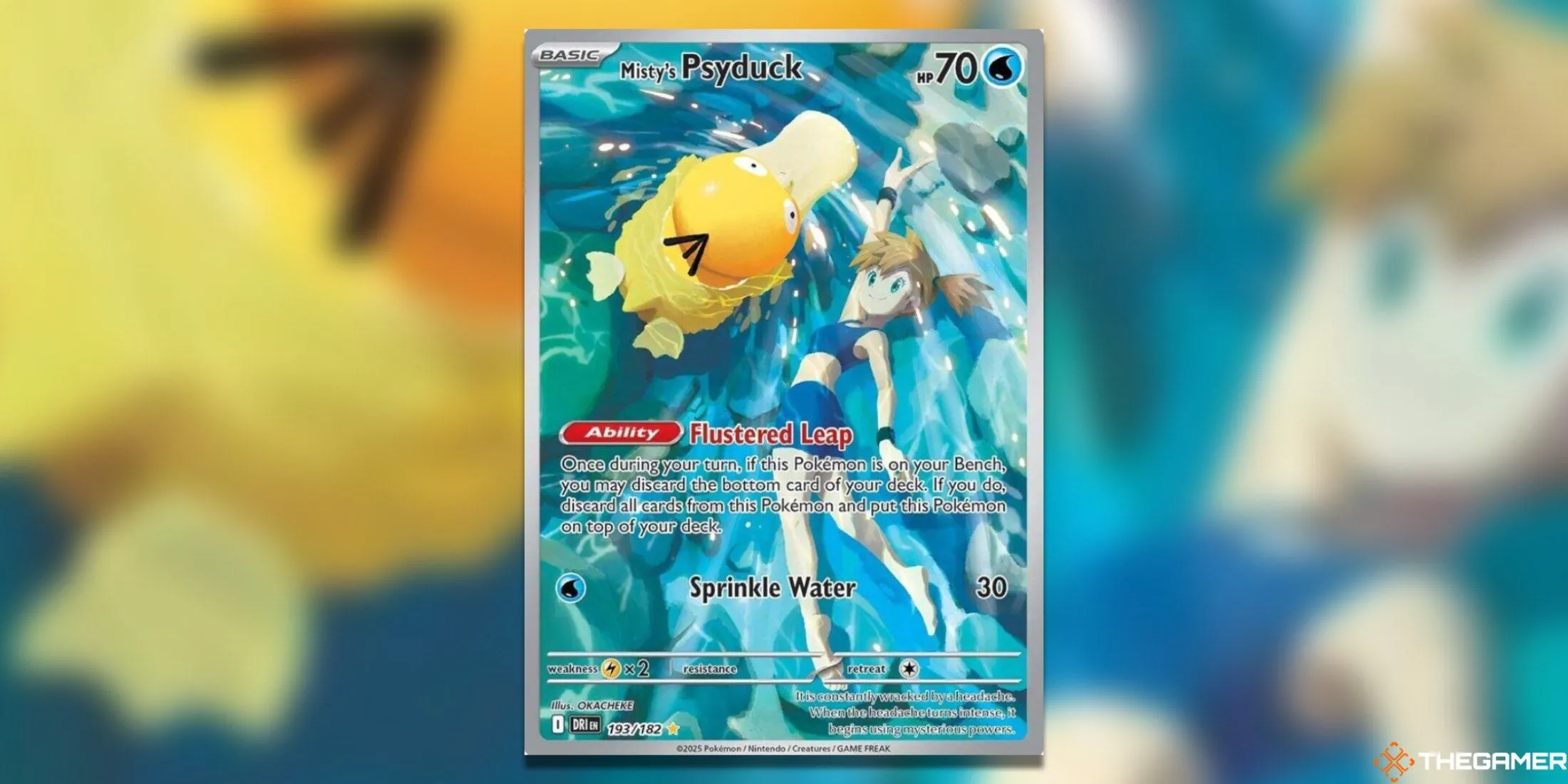 Thẻ bài Pokemon TCG Misty’s Psyduck Illustration Rare, Psyduck và Misty thư giãn bên hồ nước với màu sắc tươi sáng