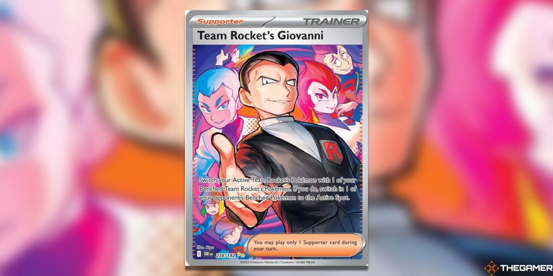 Thẻ bài Pokemon TCG Team Rocket’s Giovanni Special Illustration Rare từ set Destined Rivals, có Giovanni, Archer và Ariana