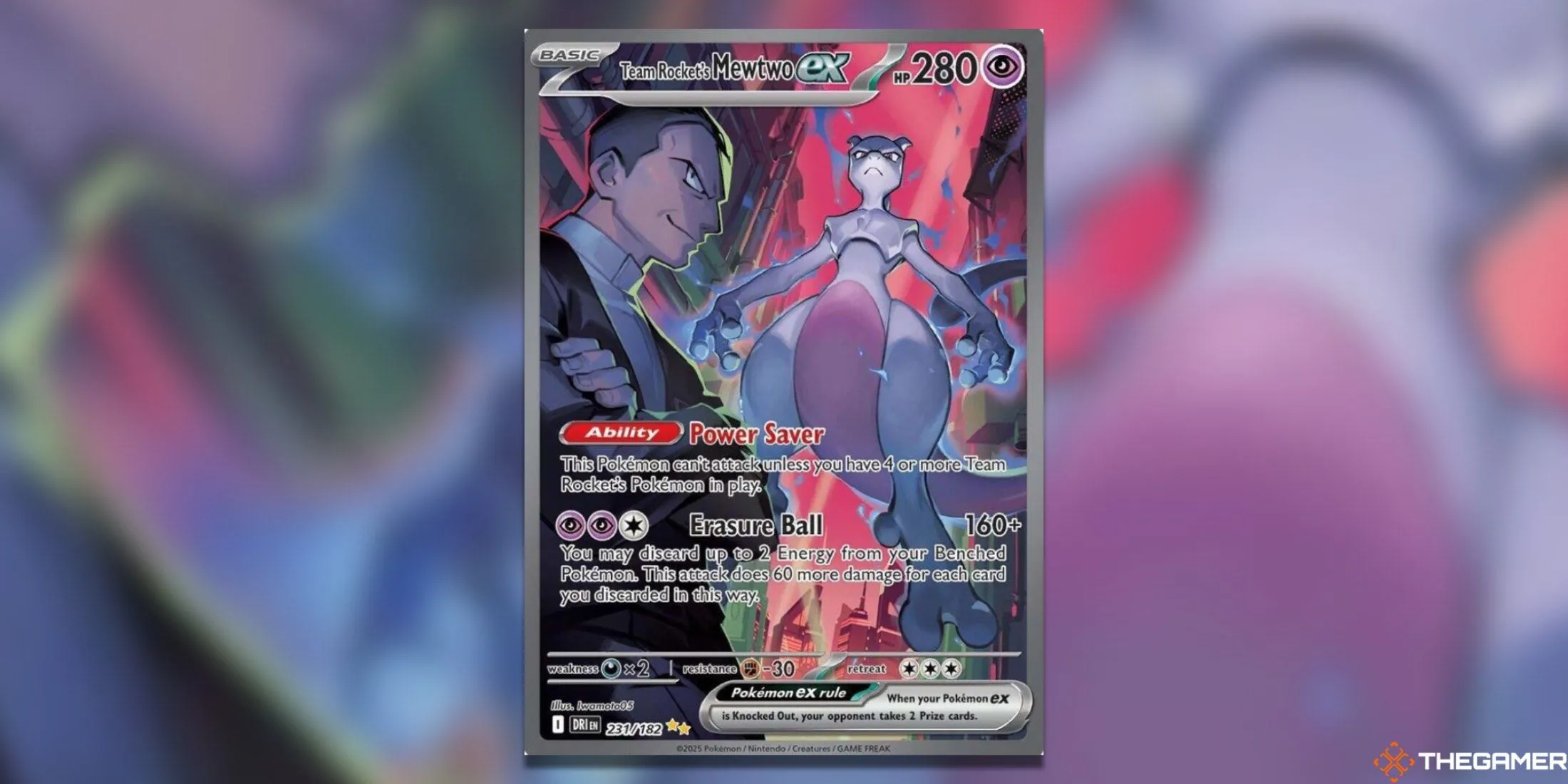 Thẻ bài Pokemon TCG Team Rocket’s Mewtwo ex Special Illustration Rare, Giovanni và Mewtwo với nền đỏ nổi bật