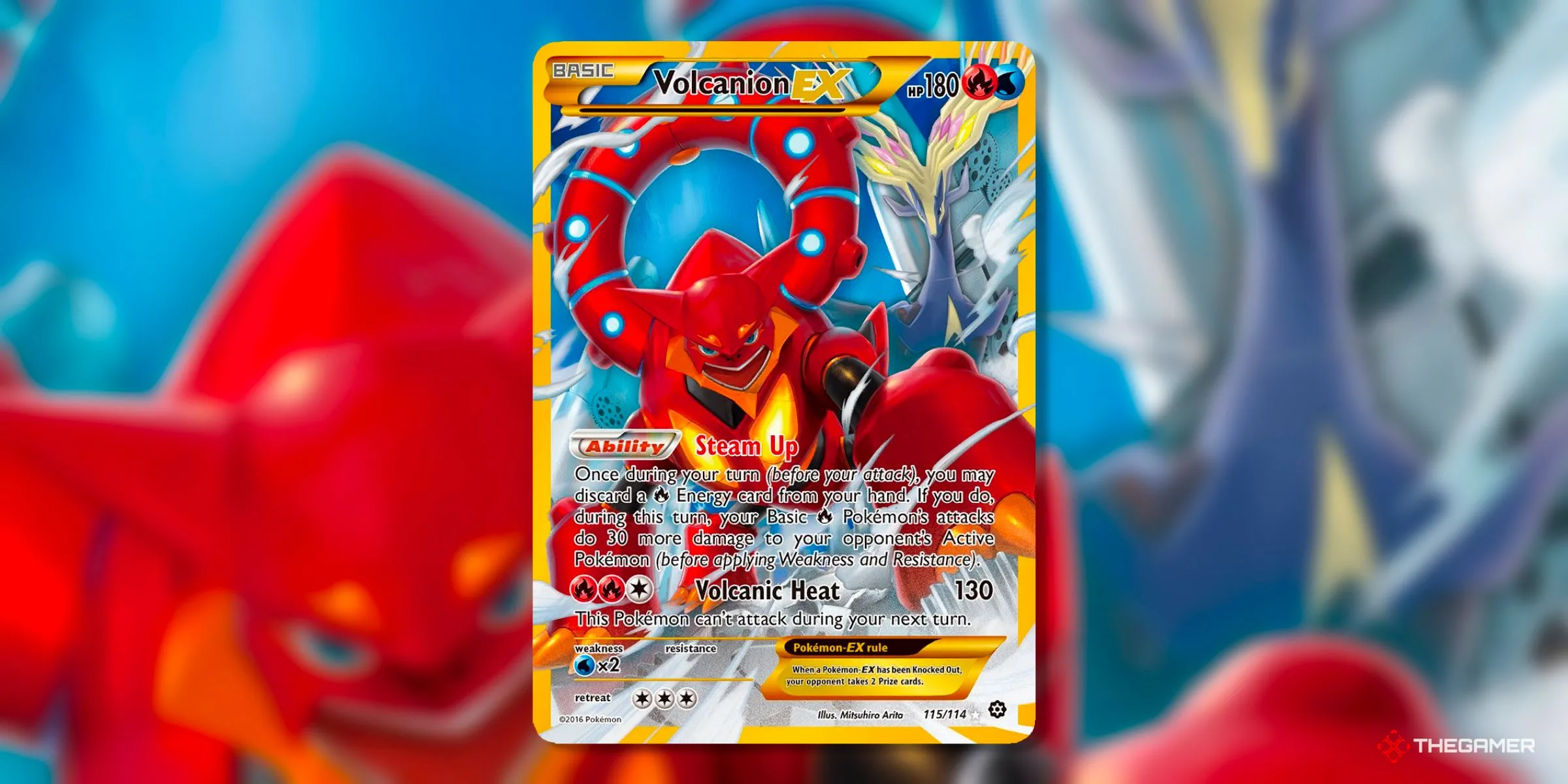 Thẻ bài Volcanion EX Secret Rare (115) từ set Steam Siege kỷ nguyên XY của Pokemon TCG.