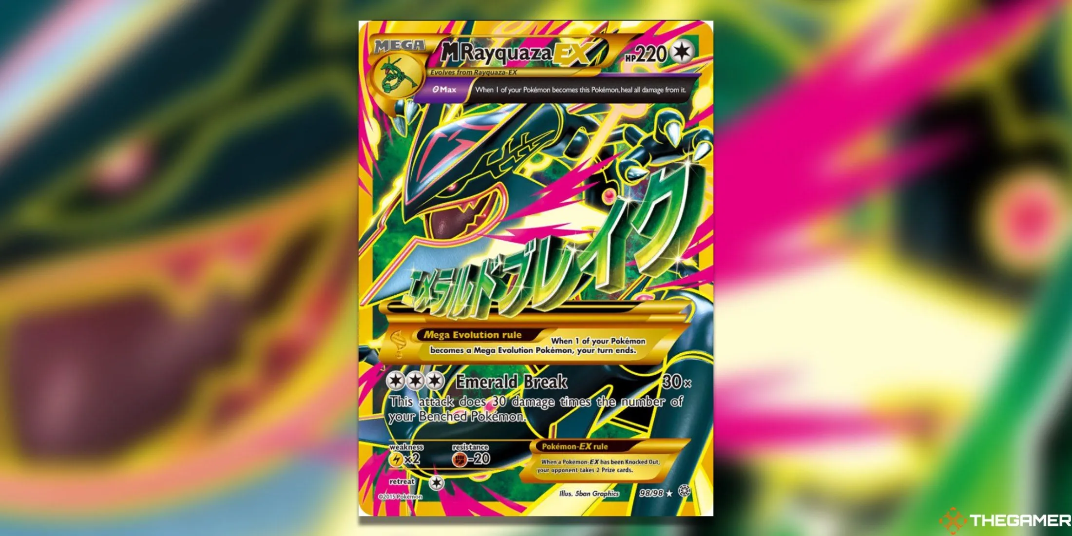 Thẻ Mega Rayquaza EX uy nghi trong bộ Pokémon TCG Ancient Origins, một trong những Pokémon Rồng mạnh nhất.