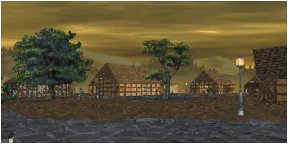 Thị trấn Daggerfall chìm trong ánh hoàng hôn rực rỡ, biểu tượng của sự tự do khám phá trong The Elder Scrolls II