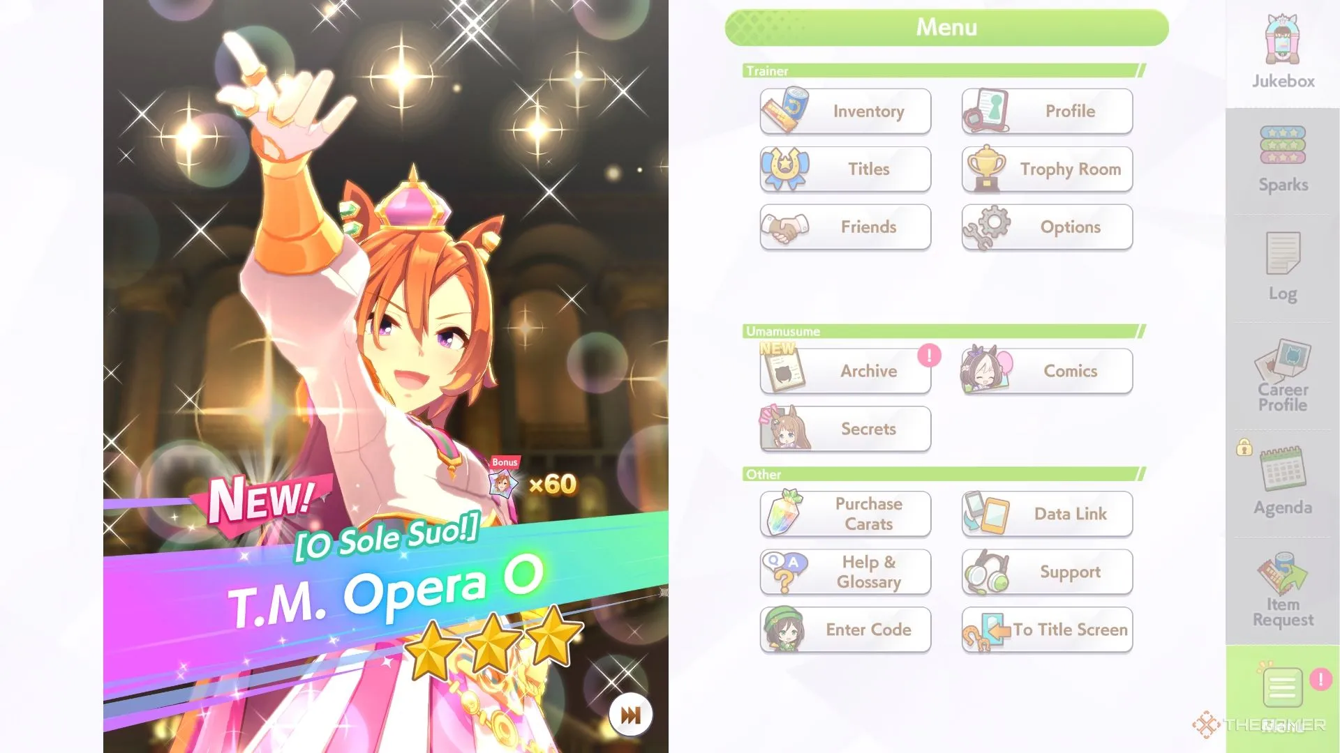 TM Opera O trong màn hình gacha Umamusume Pretty Derby với hiệu ứng lấp lánh