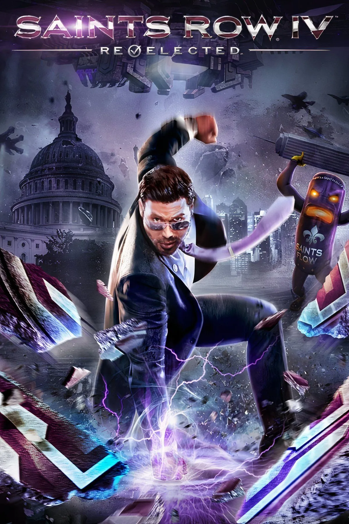 Tổng thống trong Saints Row 4 đang bay lượn trên bầu trời Steelport với siêu năng lực, khung cảnh thành phố bị biến dạng bởi hiệu ứng glitch, thể hiện bản chất giả lập điên rồ của game