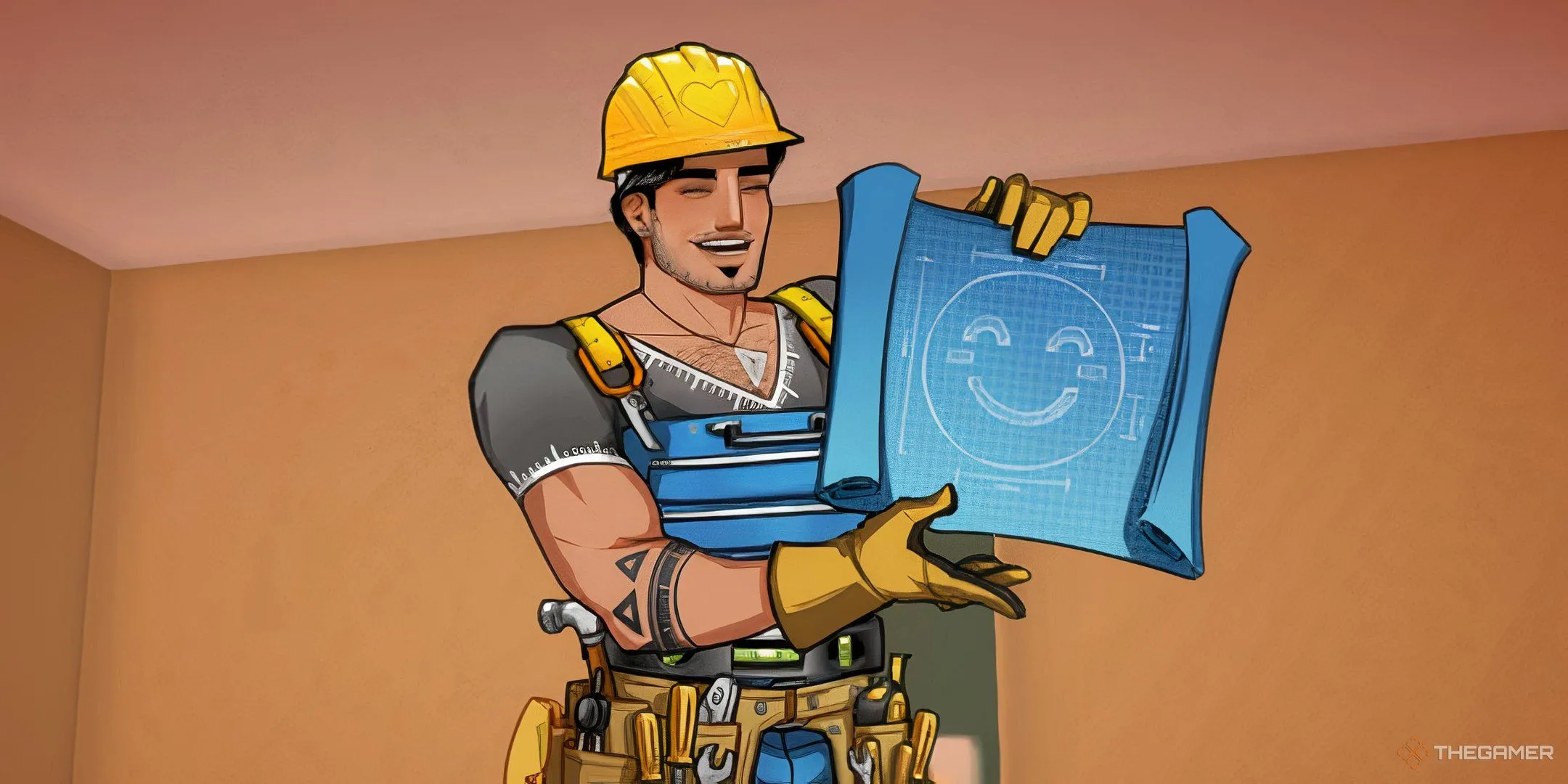 Tony, nhân vật hộp công cụ, mỉm cười với bản thiết kế trong Date Everything.