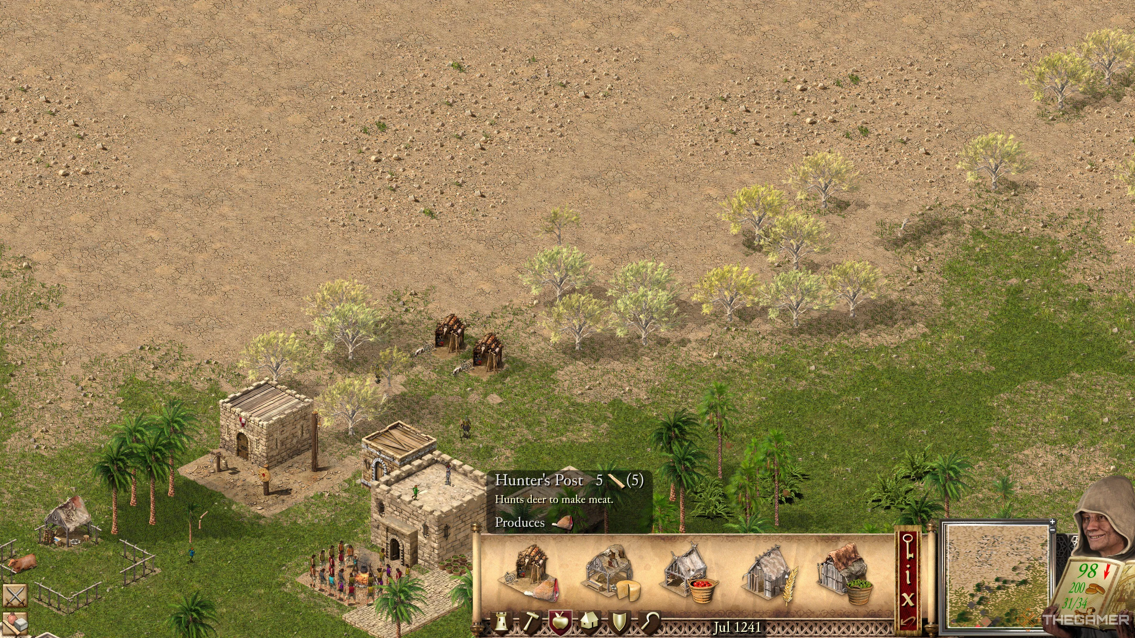 Trạm thợ săn trong Stronghold Crusader Definitive Edition, nguồn thịt không ổn định.