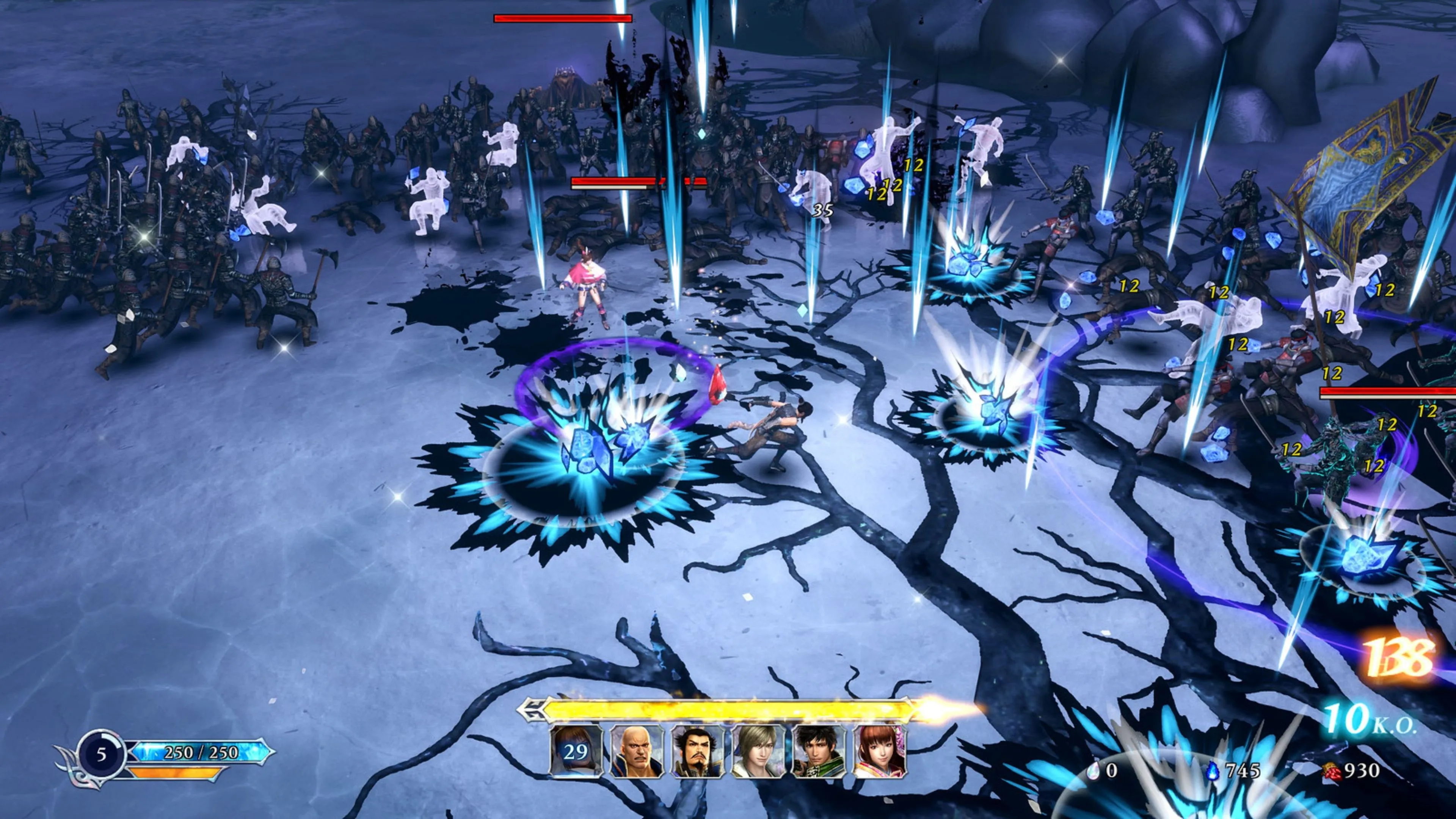 Trận chiến hỗn loạn với nhiều kẻ thù và hiệu ứng kỹ năng trong Warriors Abyss