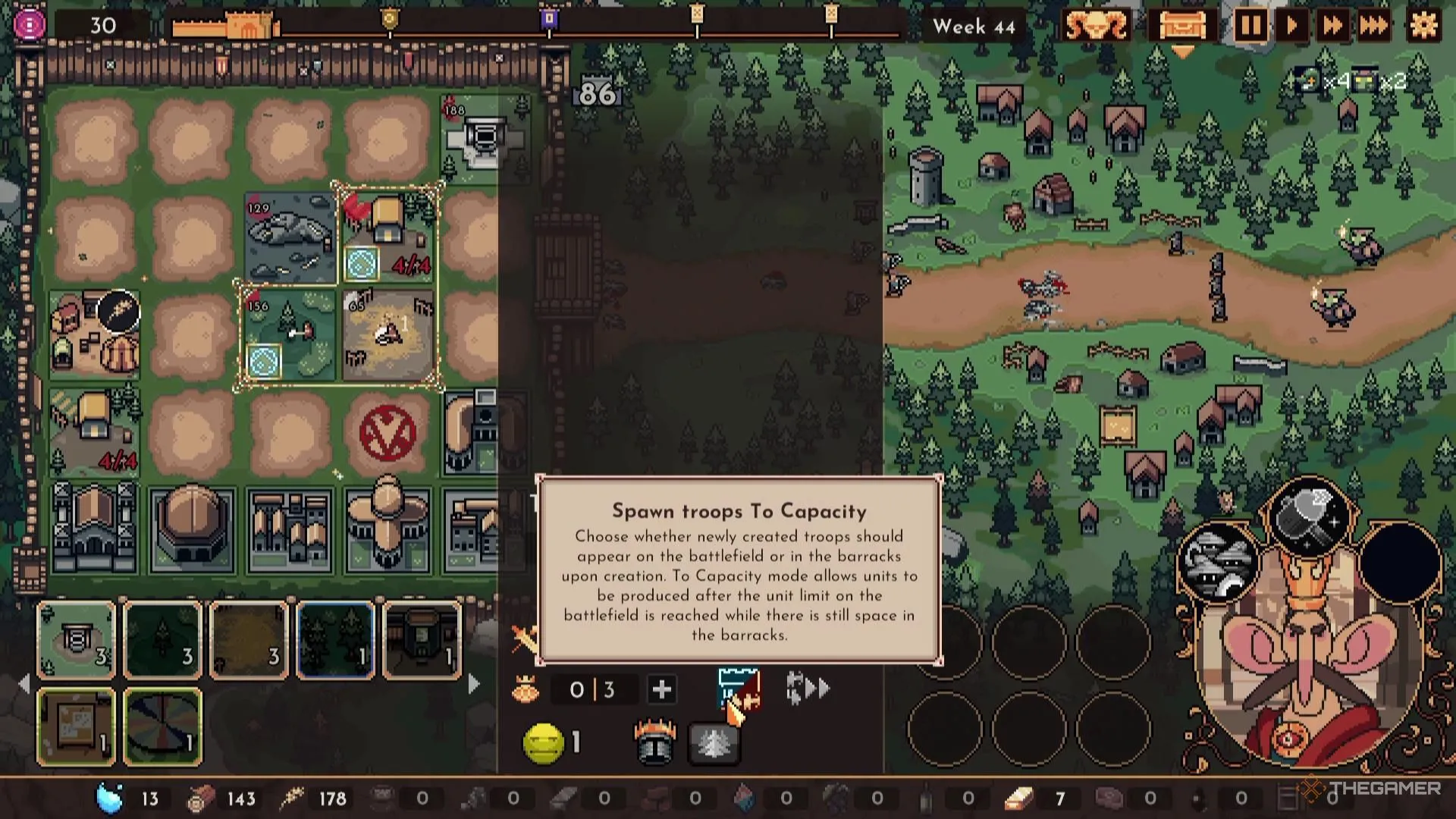 Tùy chọn Spawn Troops to Capacity được bật trong The King Is Watching để duy trì quân số tối đa
