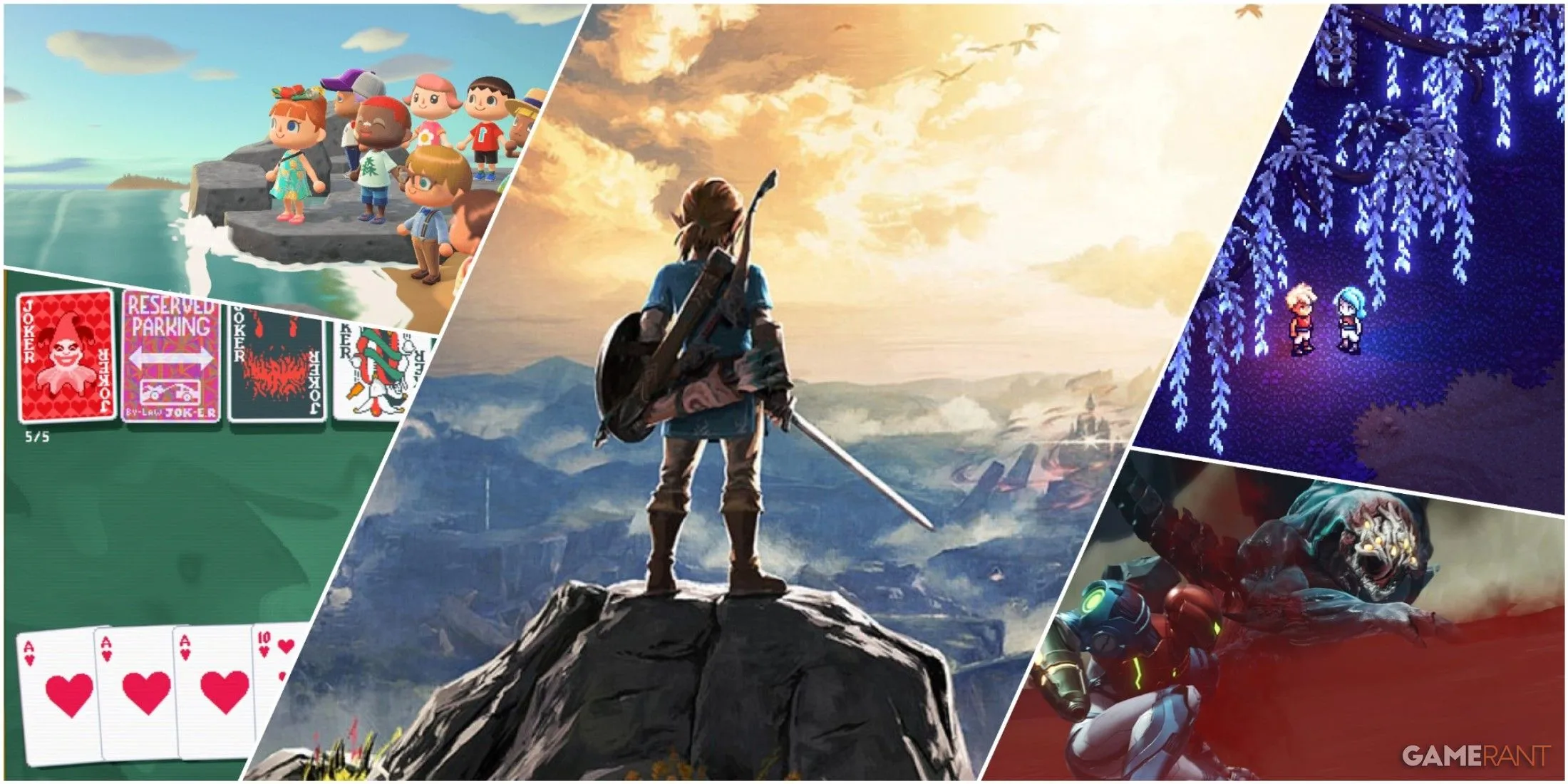 Tuyển tập hình ảnh biểu tượng các game Nintendo đình đám: Animal Crossing New Horizons, Metroid Dread, và Zelda Breath of the Wild, thể hiện sự đa dạng của thư viện game Nintendo Switch.