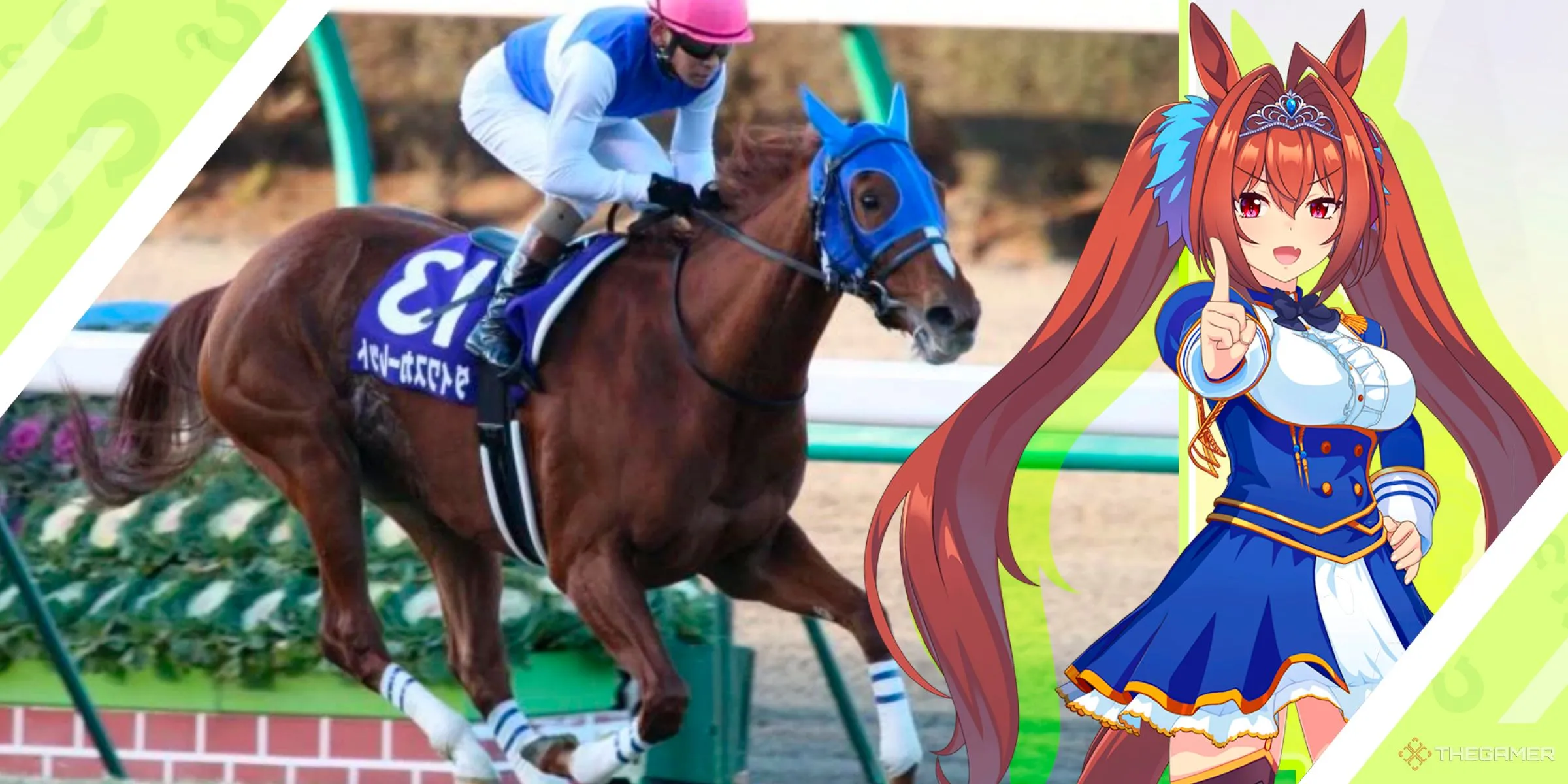 Uma Musume Daiwa Scarlet và ngựa đua Daiwa Scarlet ngoài đời thực.
