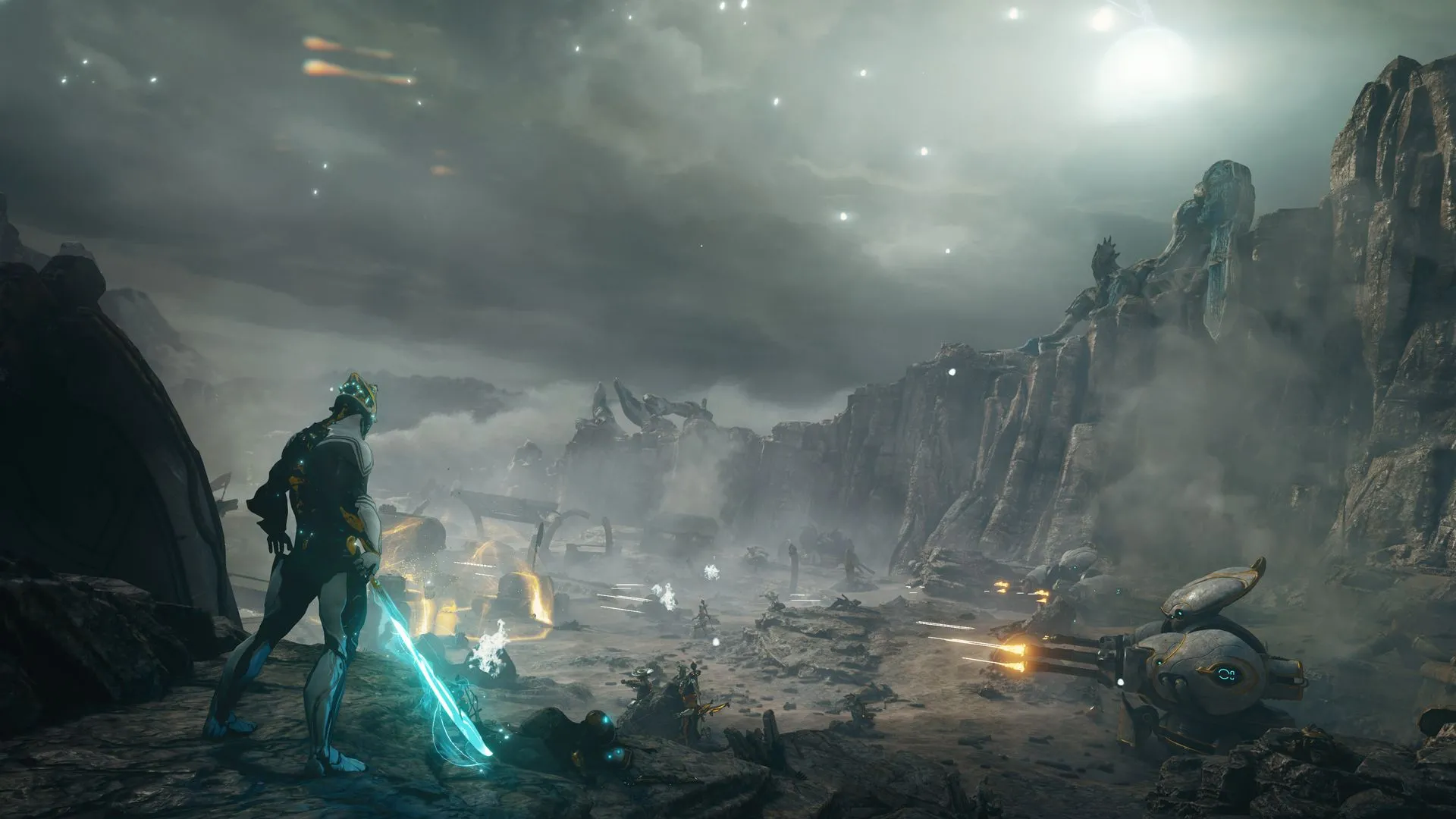 Warframe Excalibur Prime, biểu tượng của Tenno, đứng giữa chiến trường rực lửa, tượng trưng cho tinh thần chiến binh không ngừng tiến hóa của cộng đồng Warframe.