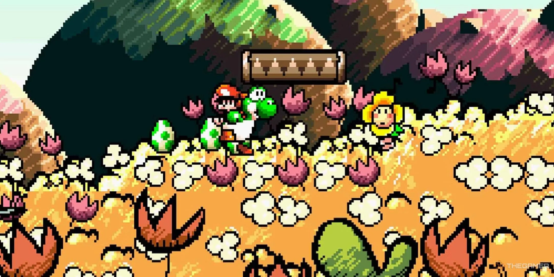 Yoshi cõng Baby Mario bay qua một cánh đồng vàng trong Super Mario World 2: Yoshi's Island