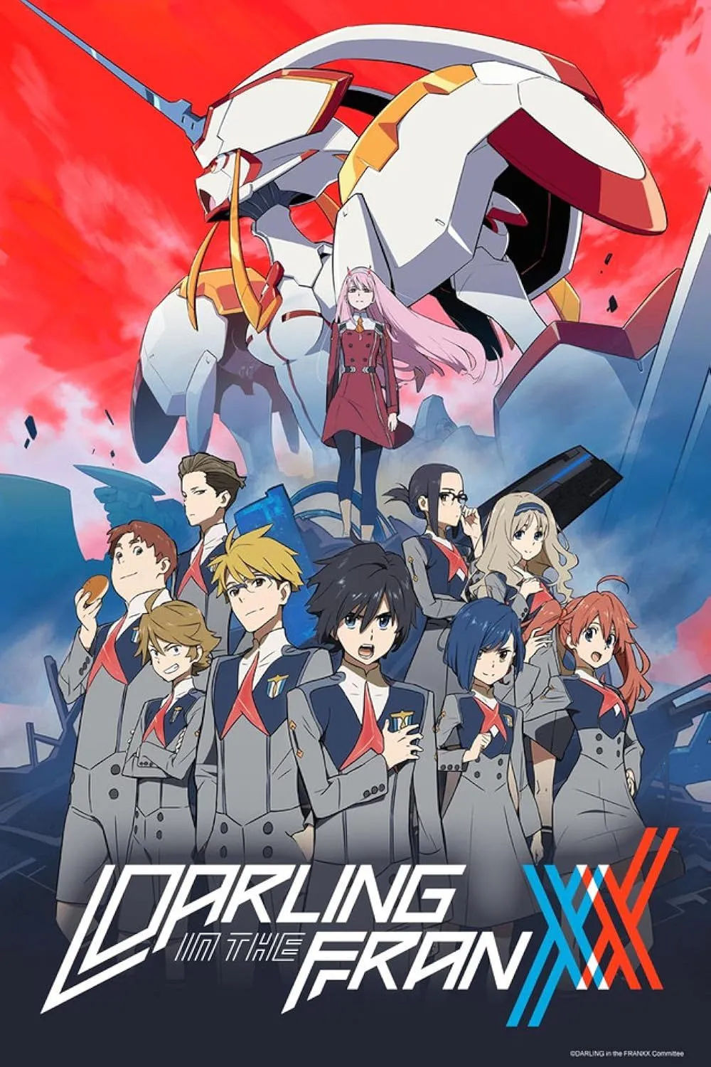 Zero Two và Hiro cùng robot Franxx trong Darling in the Franxx
