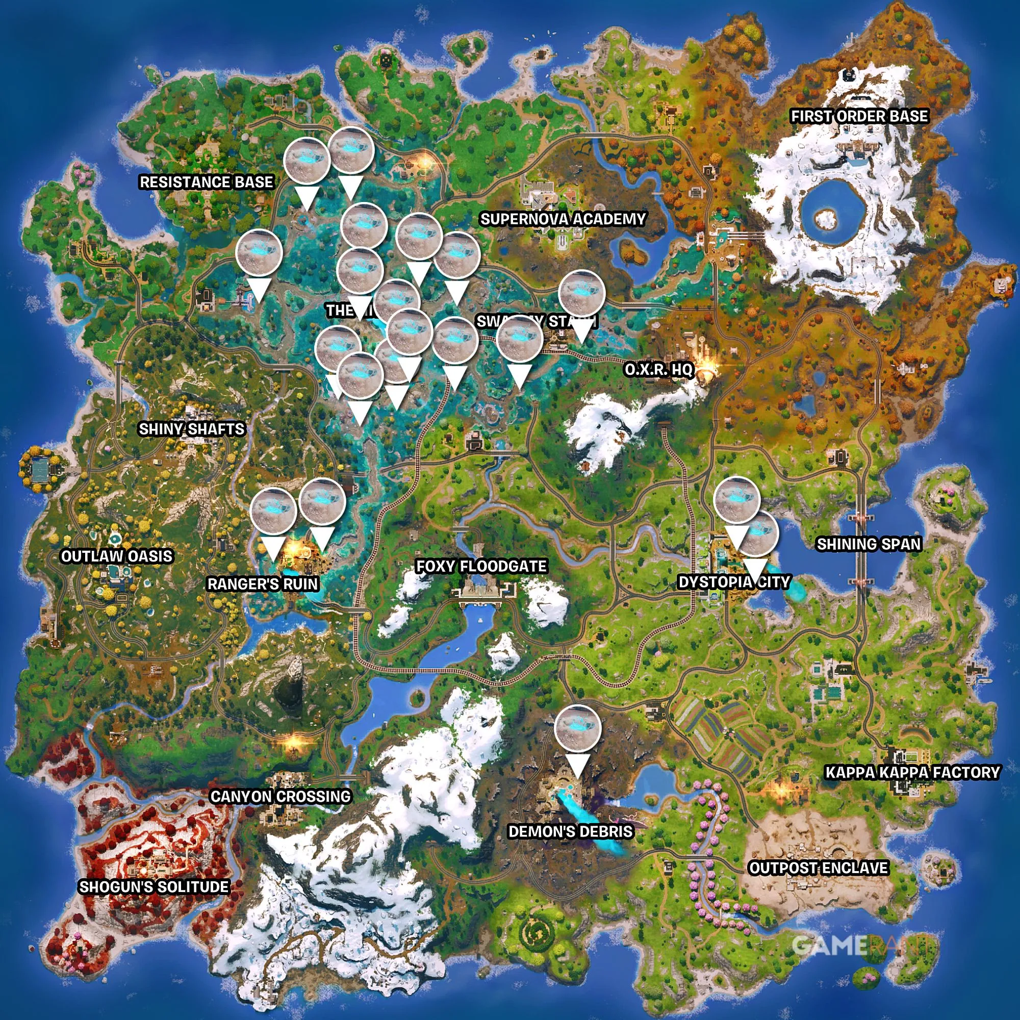 Bản đồ Fortnite Chapter 6 Season 4 hiển thị toàn bộ vị trí Slurp Geysers màu xanh lá cây trên các khu vực nhiễm bọ