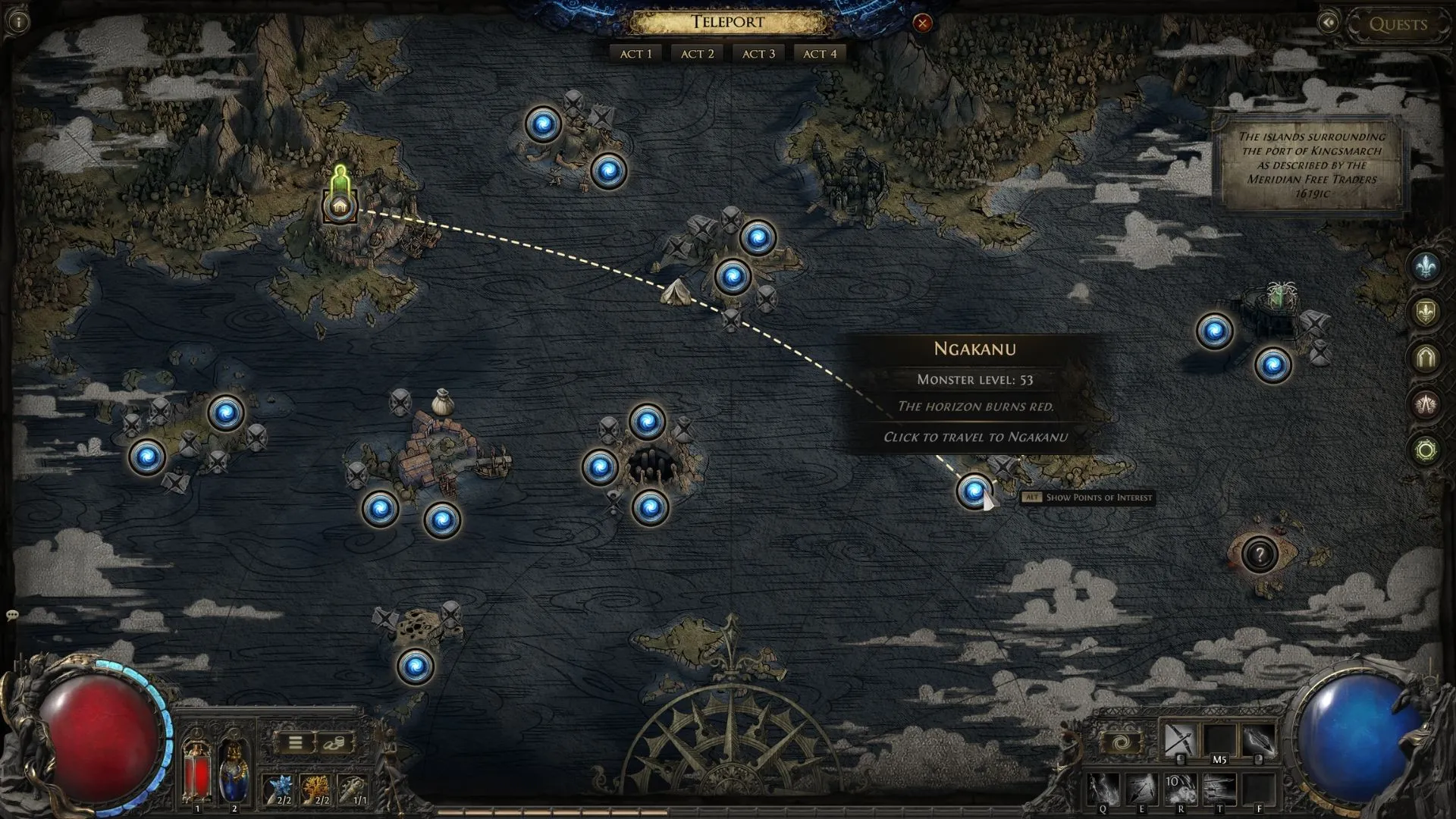 Bản đồ hiển thị vị trí của Đảo Ngakanu trong Path of Exile 2, nơi Kaimana có thể tạm thời di chuyển đến.