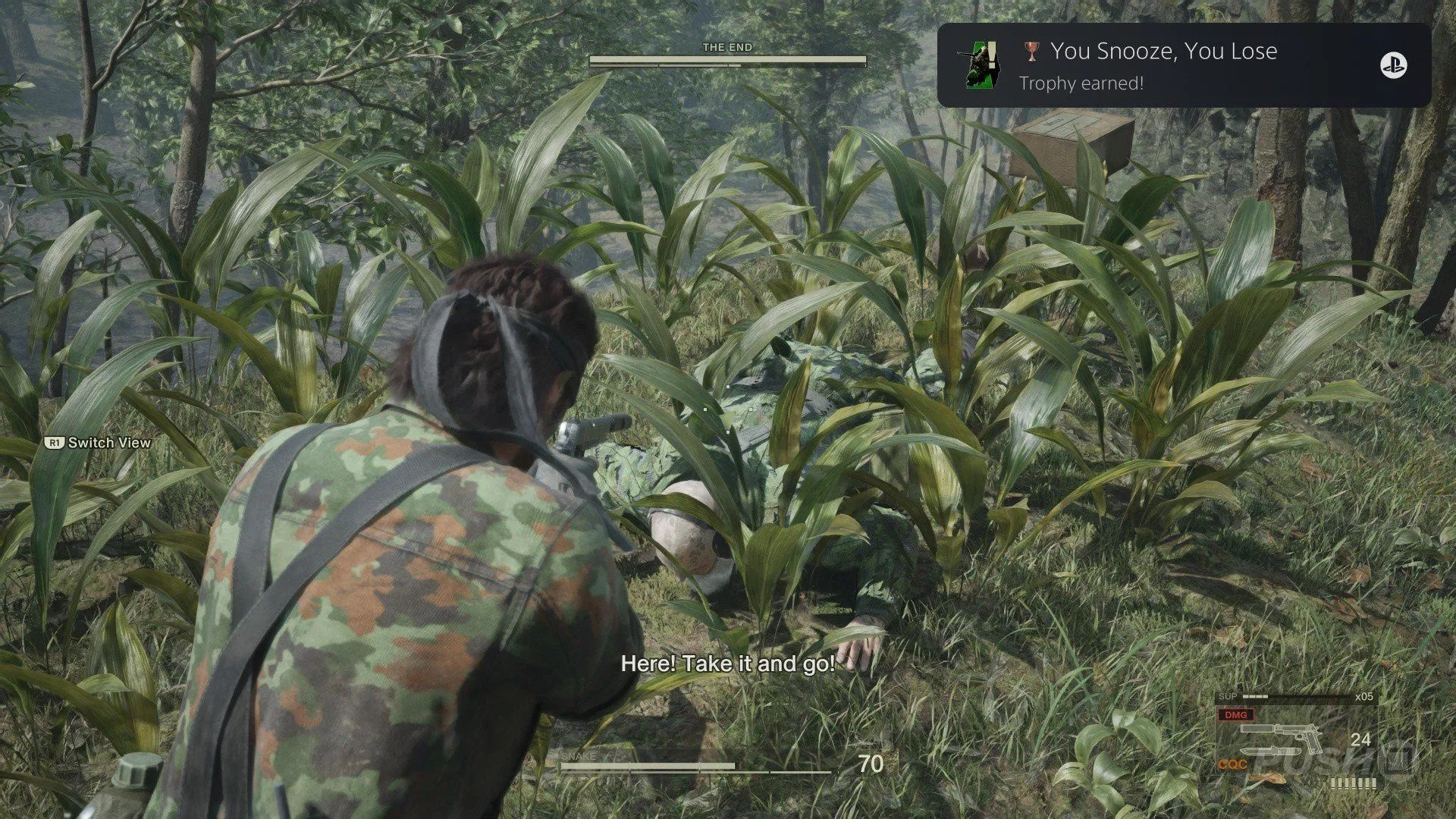 Bản đồ khu vực Sokrovenno South, địa điểm diễn ra cuộc săn đuổi The End trong Metal Gear Solid Delta, hiển thị các điểm ẩn nấp và vị trí của Snake.